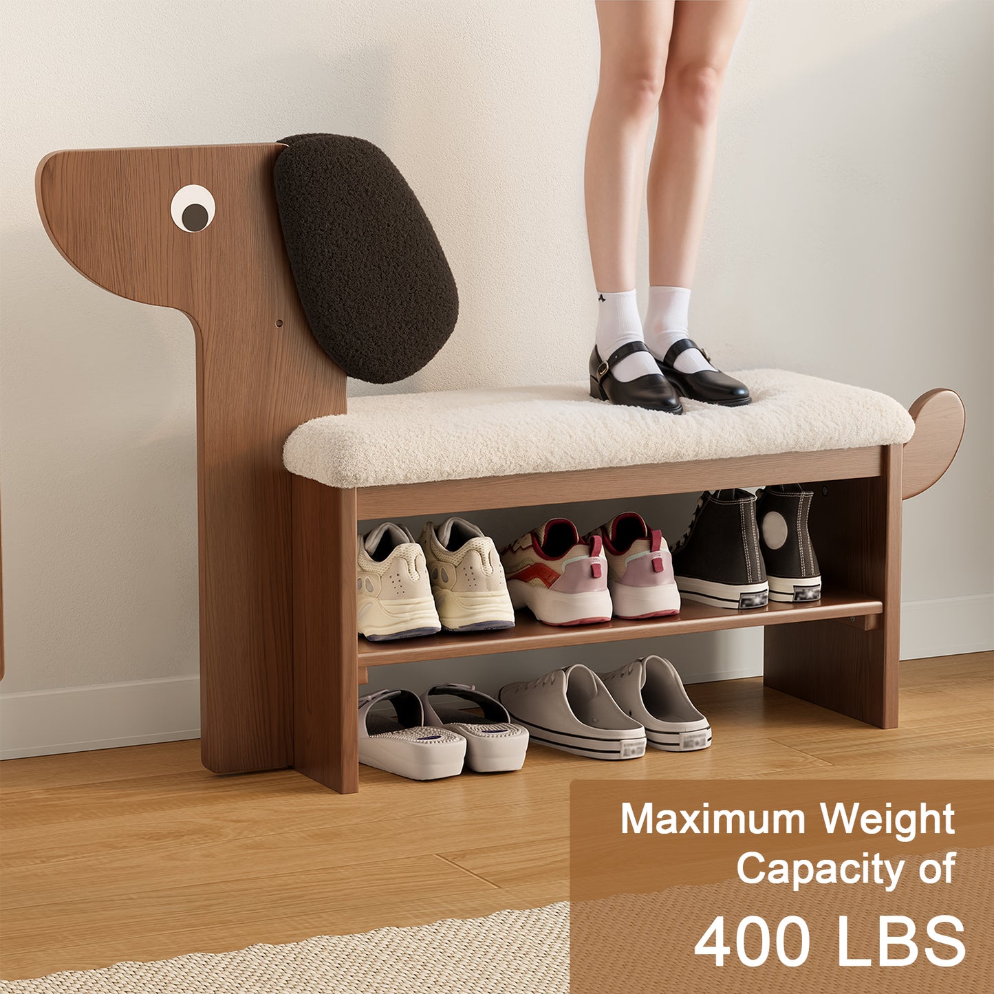 Shoe Rack Bench with Cushion, 2-Tier Dog Shoe Bench Cute, Wood Shoe Rack, Shoe Rack Bench with Storage,Shoe Shelf for Entryway, Hallway, Bedroom, Living Room