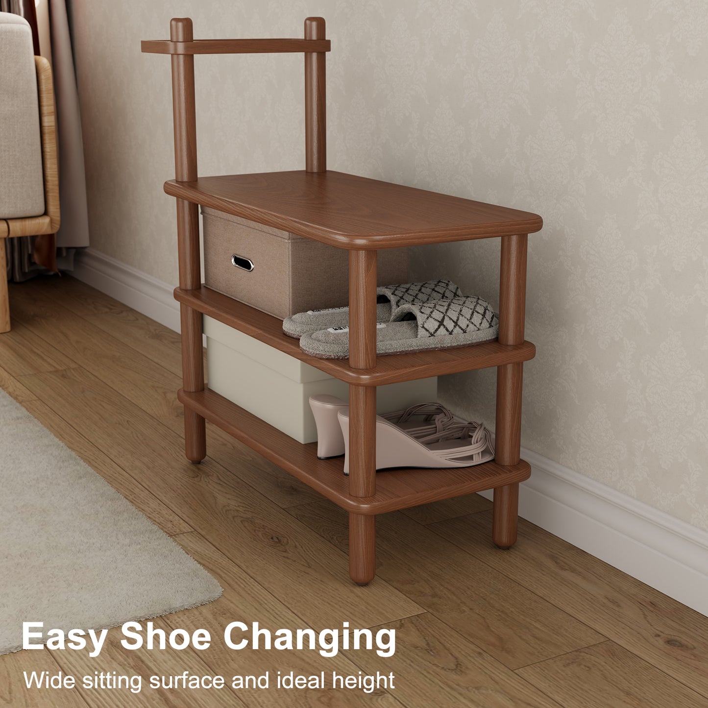 Shoe Rack Bench, Entryway Shoe Bench with Tray, 3 Tiers Solid Wood Shoe Bench for Front Door Entrance, Hallway, Mudroom