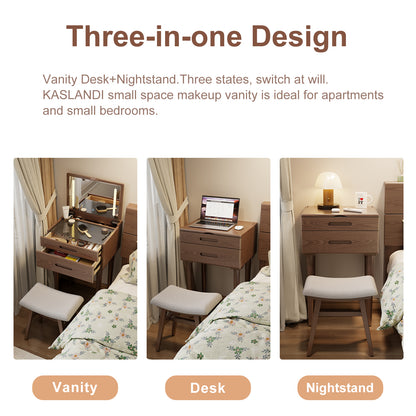 Solid Wood Vanity Desk with Plip Top Mirror & Lights, Small Makeup Vanity with Drawers, 3 Lighting Modes Adjustable Brightness, Vanity Table for Bedroom and Living Room