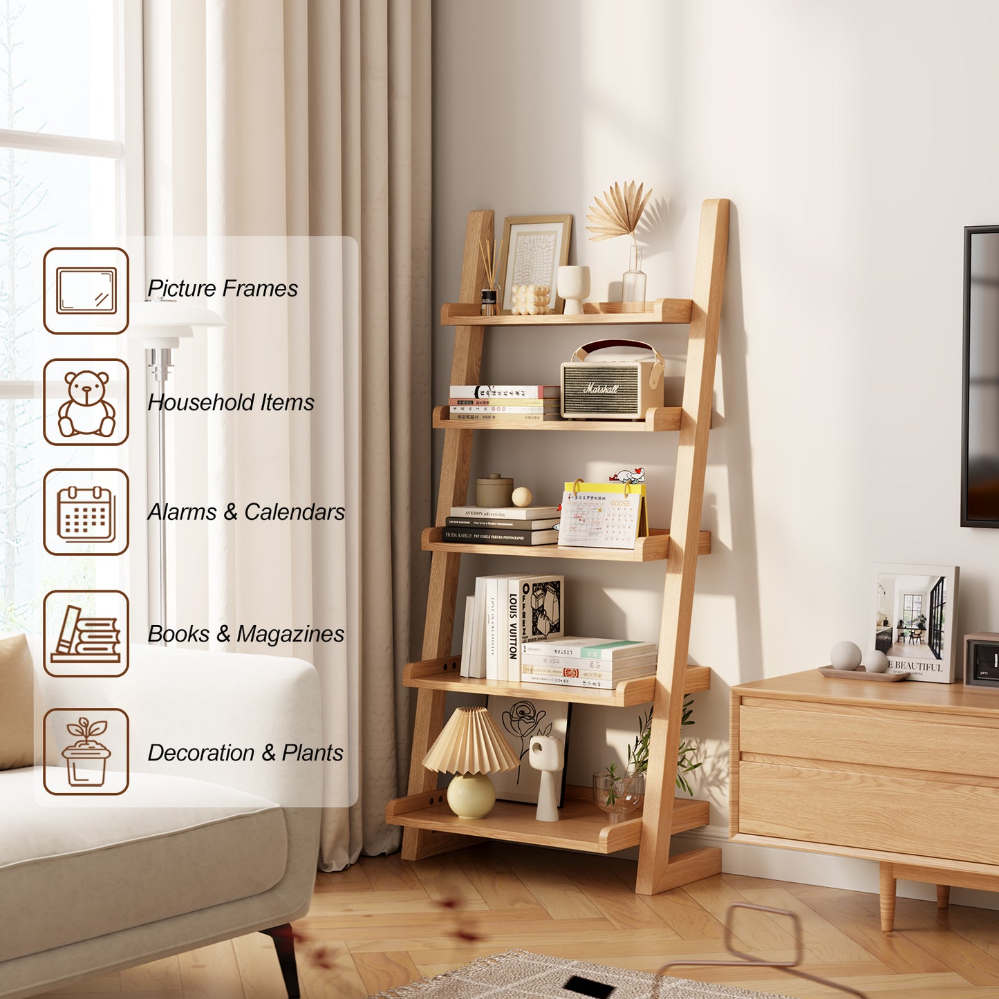 Wooden Ladder Shelf, Ladder Shelf Bookcase, 5 Tier Ladder Shelf with Stable Structure, Leaning Shelf for Living Room, Bedroom, Home Office