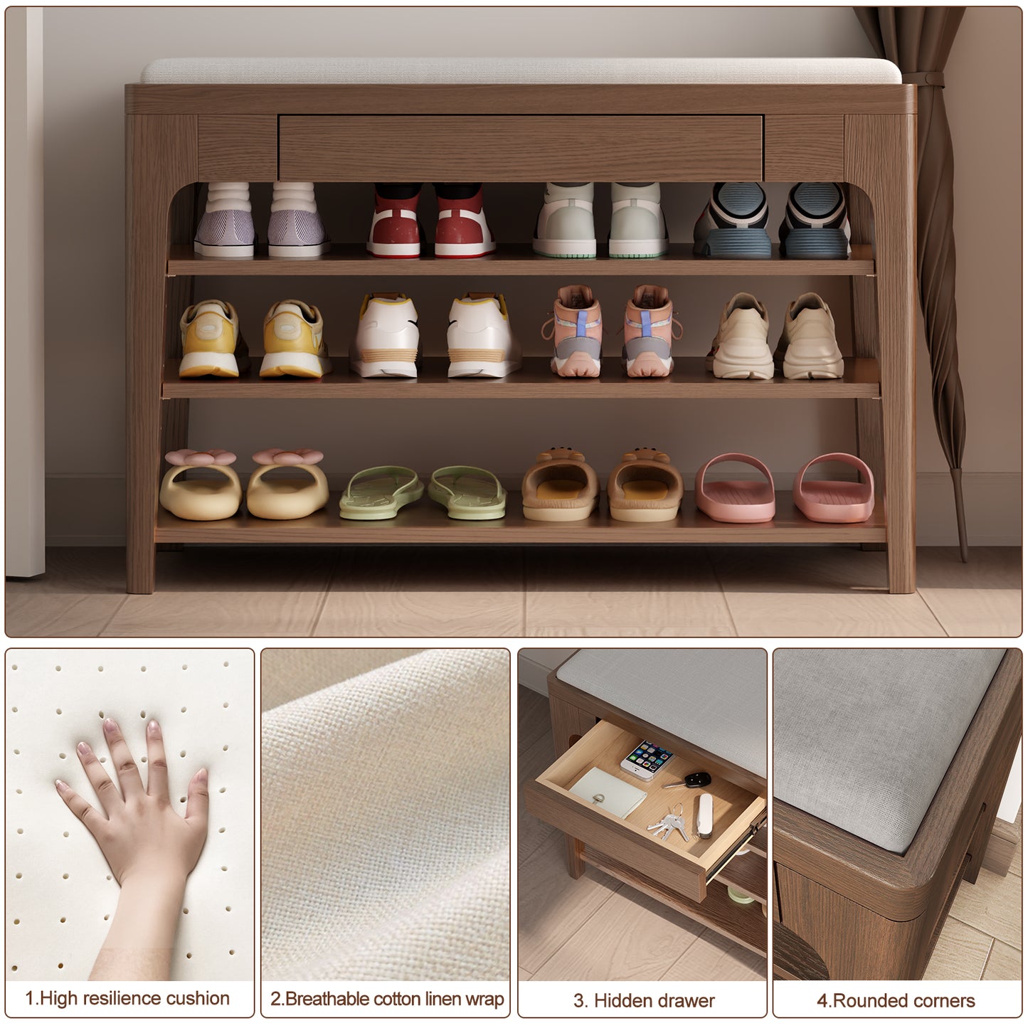 Small Shoe Bench with Storage, Wooden Shoe Storage Bench with Cushion&Hidden Drawer, 3-Tier Shoe Rack Bench for Entryway, Mudroom, Hallway