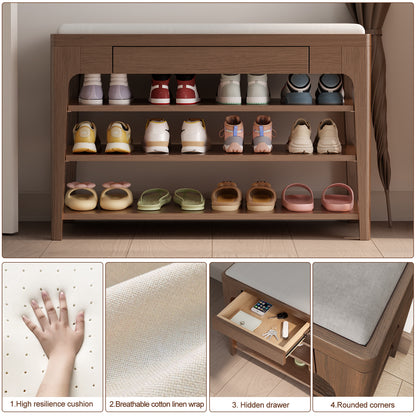 Small Shoe Bench with Storage, Wooden Shoe Storage Bench with Cushion&Hidden Drawer, 3-Tier Shoe Rack Bench for Entryway, Mudroom, Hallway