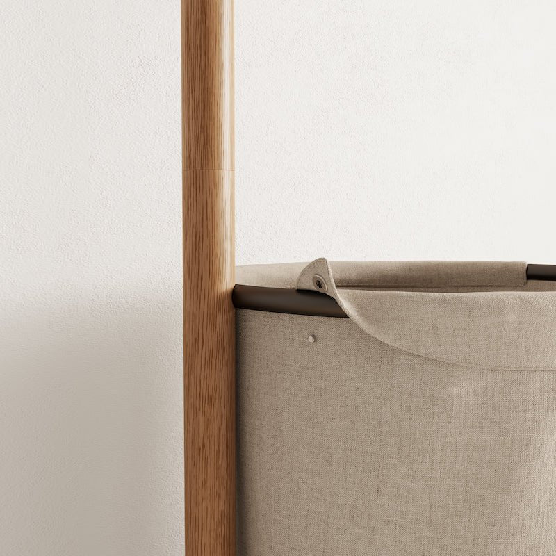 Solid Wood Coat Rack Stand with Laundry Hamper & Storage Shelf - iKaslandi
