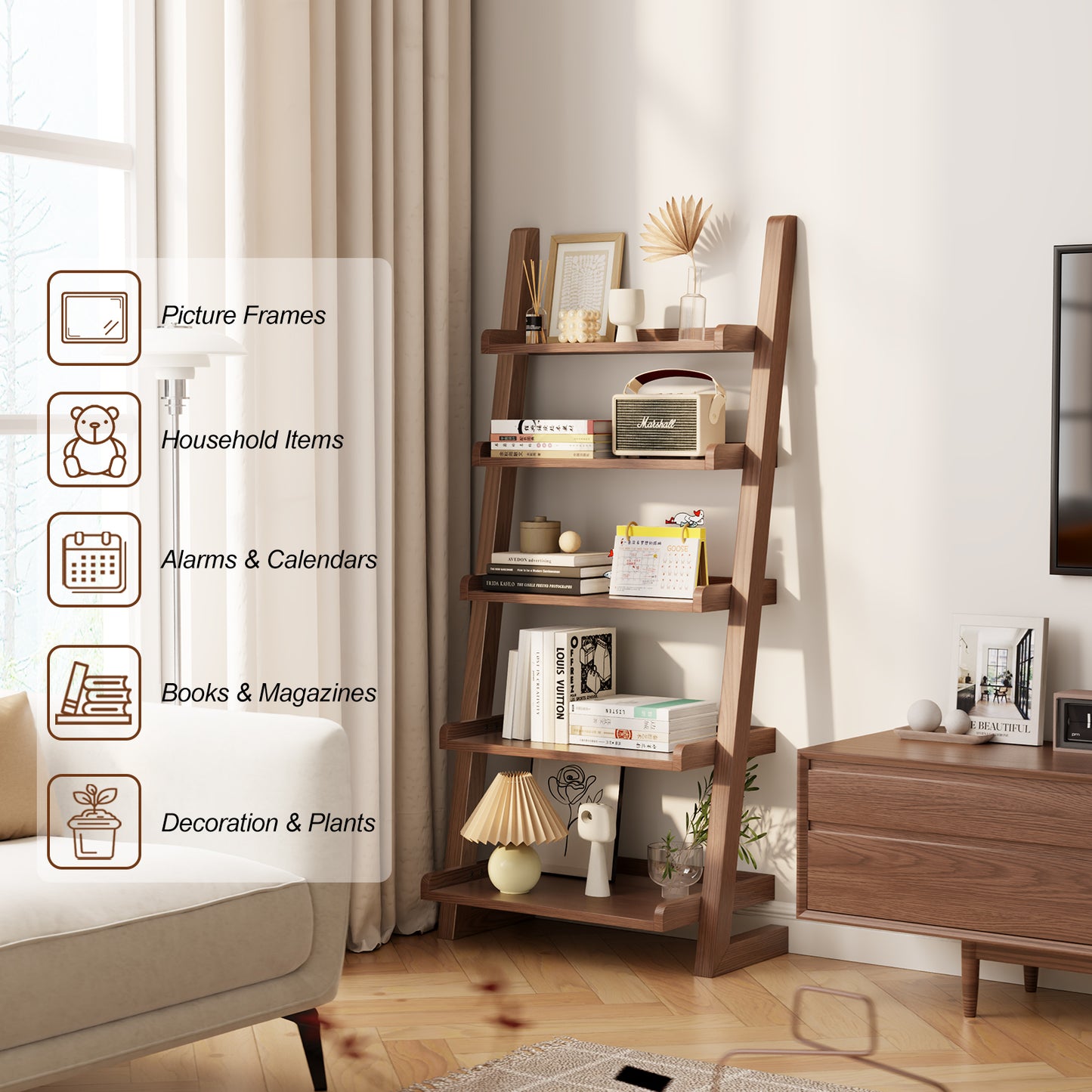 Wooden Ladder Shelf, Ladder Shelf Bookcase, 5 Tier Ladder Shelf with Stable Structure, Leaning Shelf for Living Room, Bedroom, Home Office