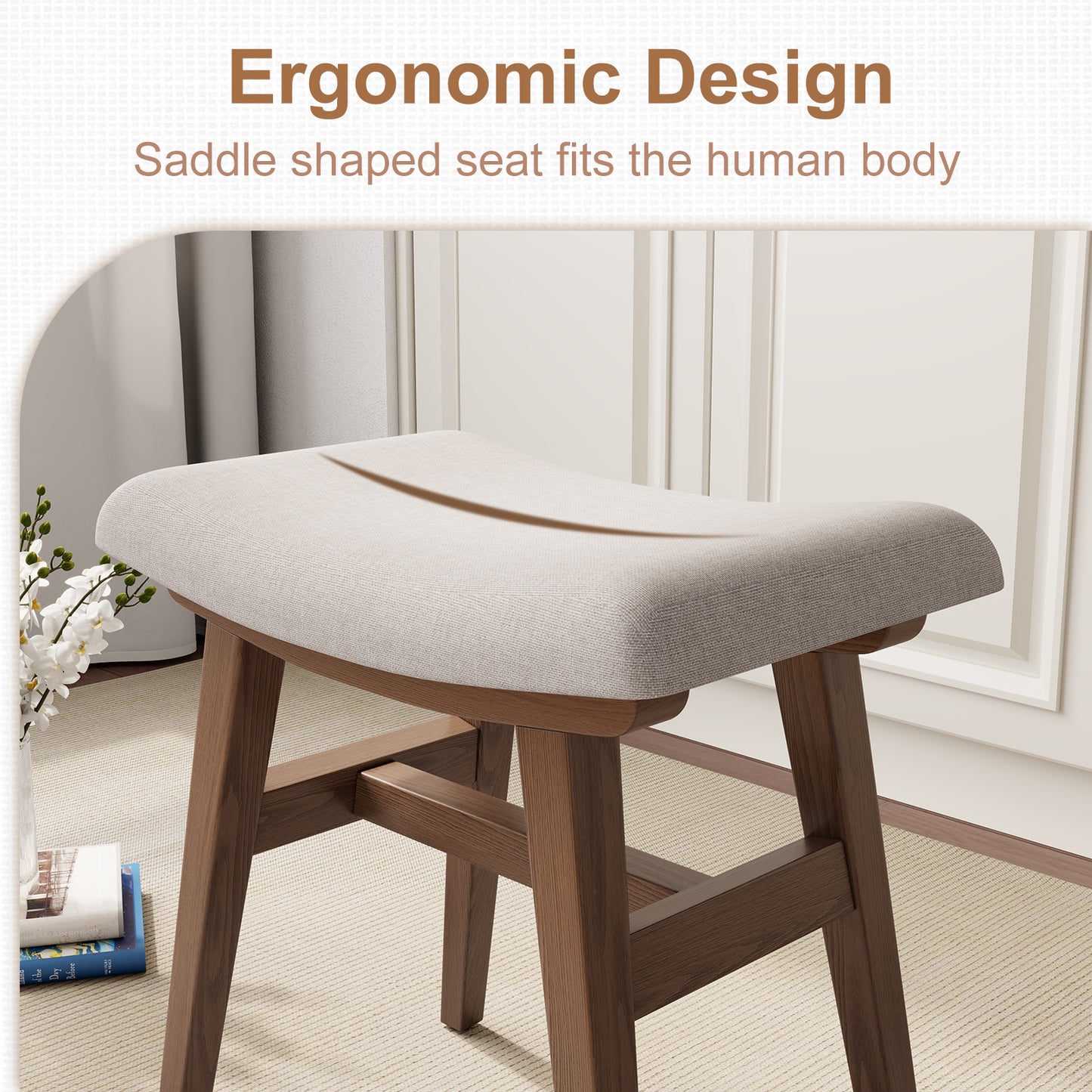 Solid Wood Vanity Stool, Saddle Cushion Vanity Bench with High-Strength Rebound Sponge, Easily Assembly, Vanity Chair, Foot Stool, Makeup Stool for Bedroom, Entryway