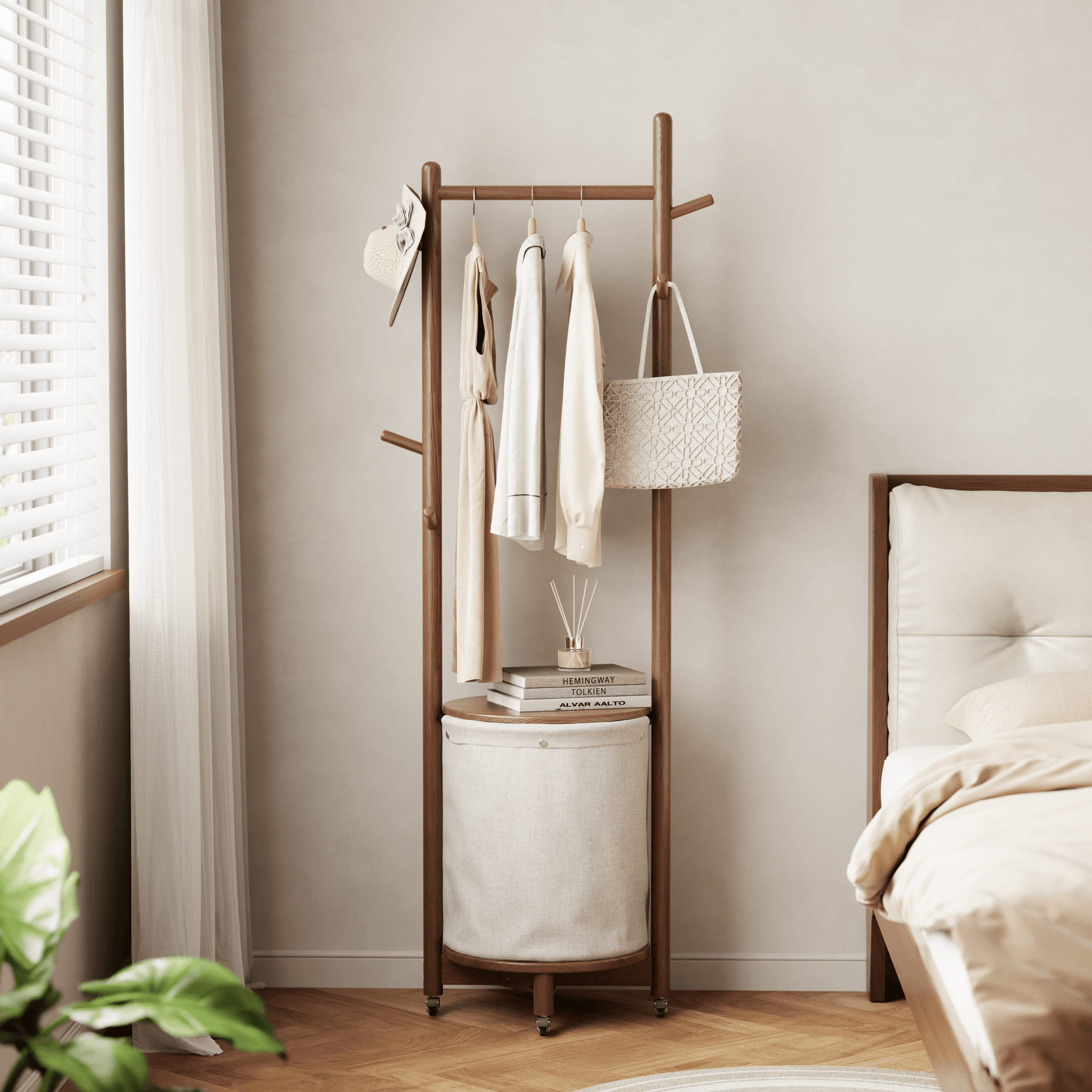 Solid Wood Coat Rack Stand with Laundry Hamper & Storage Shelf - Kaslandi Furniture