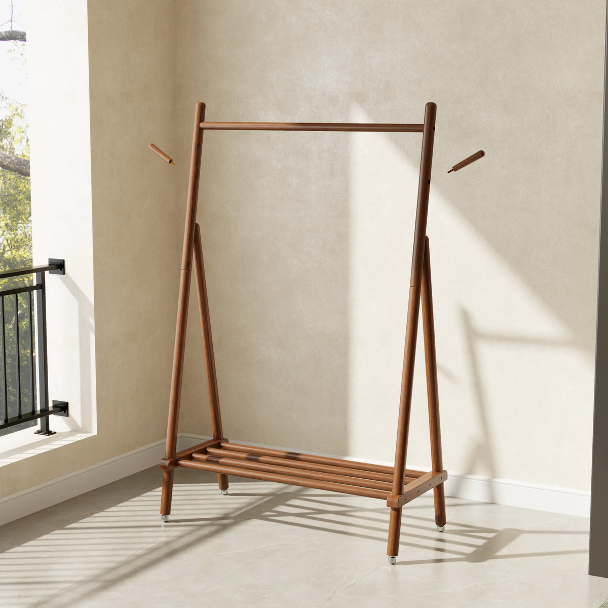 Solid Wood Rolling Clothes Rack with Shelves - Kaslandi Furniture