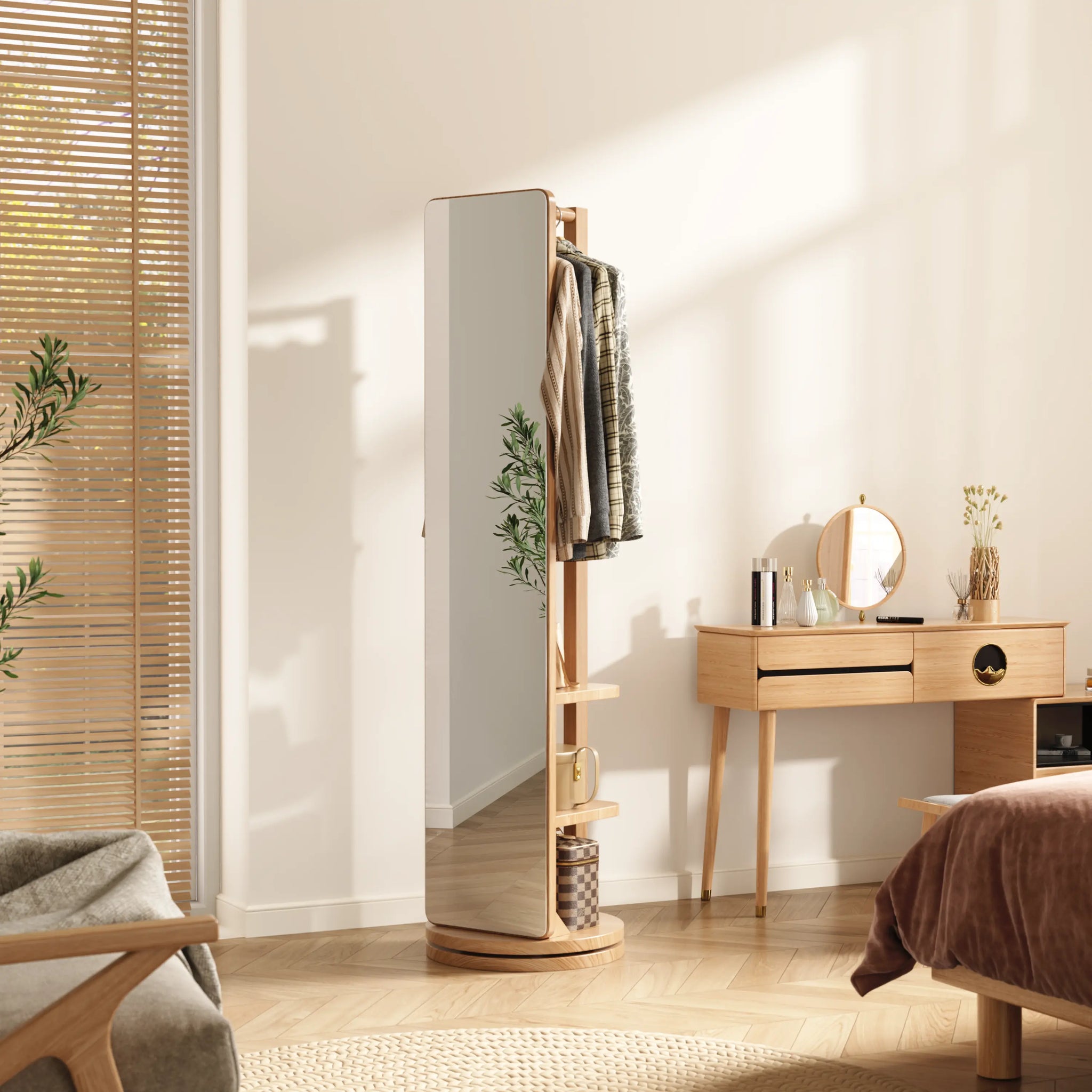 360° Rotating Floor Mirror with Clothes Rack & Shelves - iKaslandi