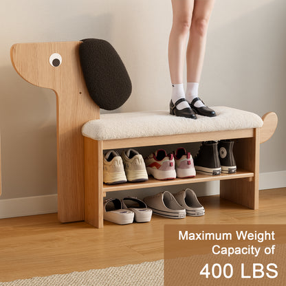 Shoe Rack Bench with Cushion, 2-Tier Dog Shoe Bench Cute, Wood Shoe Rack, Shoe Rack Bench with Storage,Shoe Shelf for Entryway, Hallway, Bedroom, Living Room