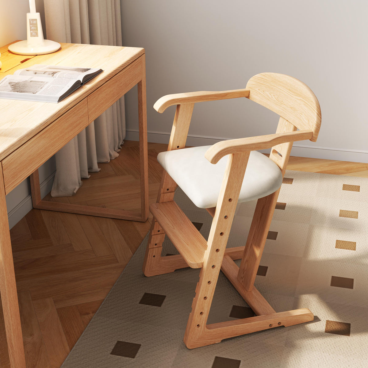 Solid Wood Toddler Dining Chair with Adjustable Height and Footrest, Wipe-Clean Cushion - iKaslandi