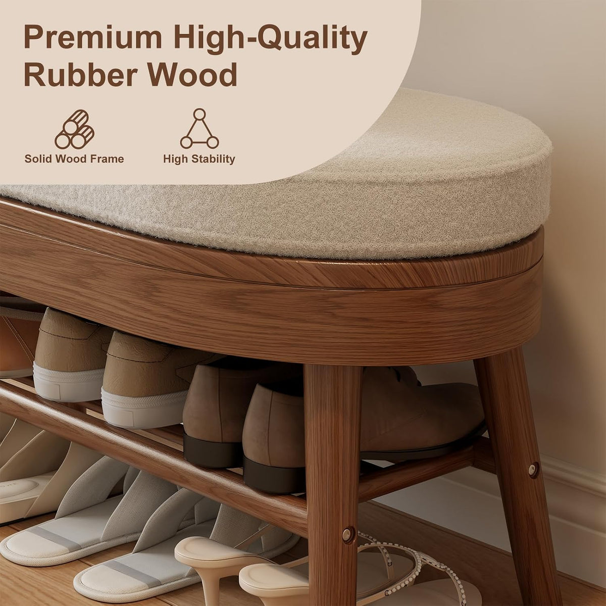 Rubberwood Shoe Bench with Coat Rack and 9 Hooks, Deer-Shaped Hall Tree - iKaslandi