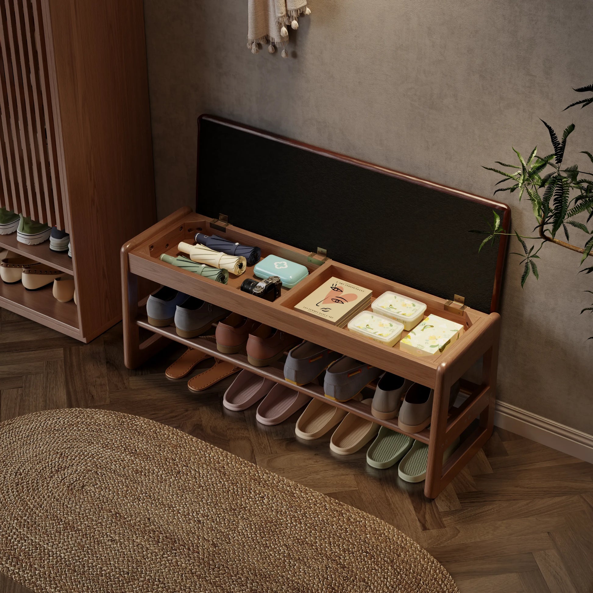 Solid Wood Storage Entryway Bench with Shoe Rack & Padded Seat - Kaslandi Furniture