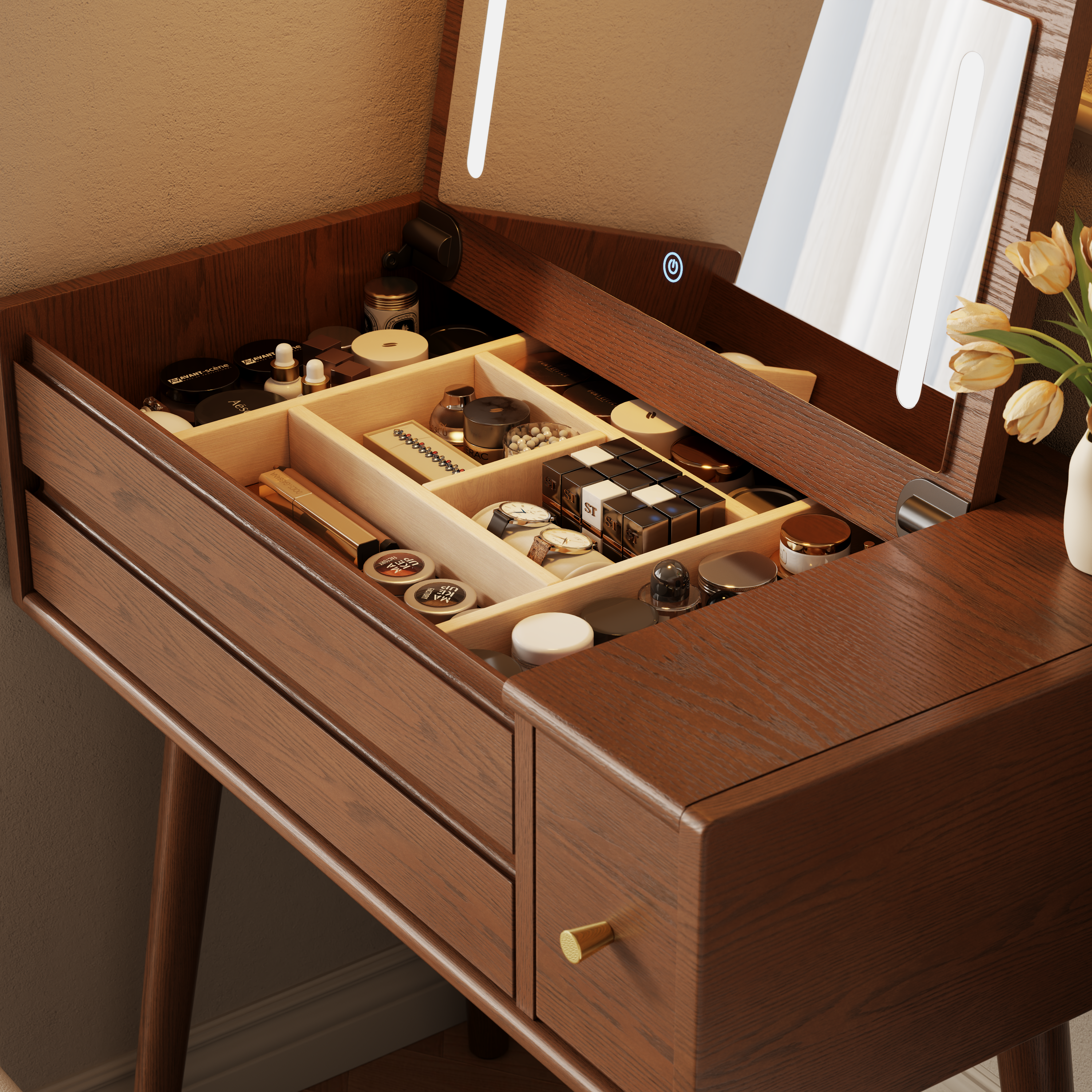 Vanity Desk with Mirror and Lights, Wooden Makeup Vanity Table with 3 or 4 Drawers