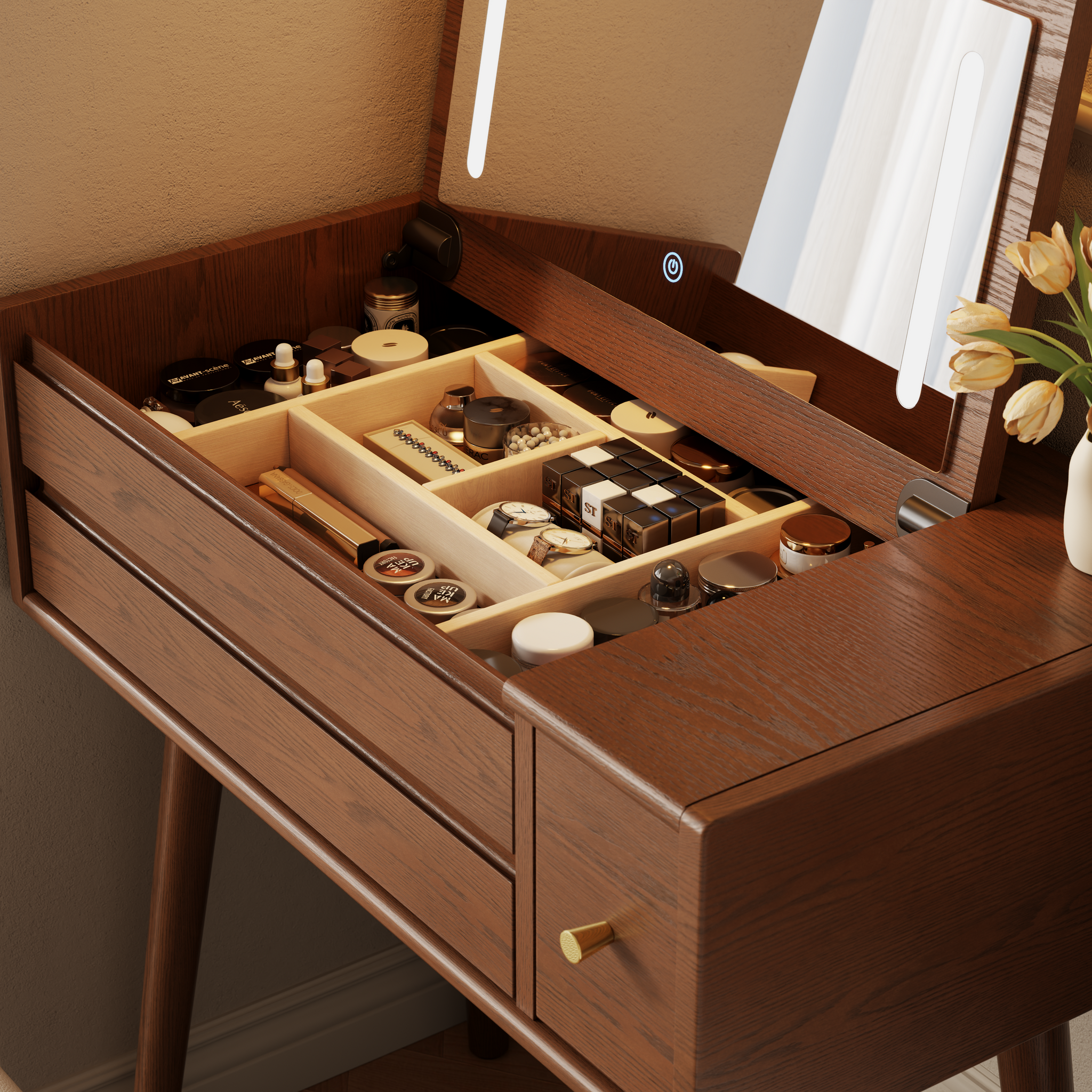 Vanity Desk with Mirror and Lights, Wooden Makeup Vanity Table with 3 or 4 Drawers