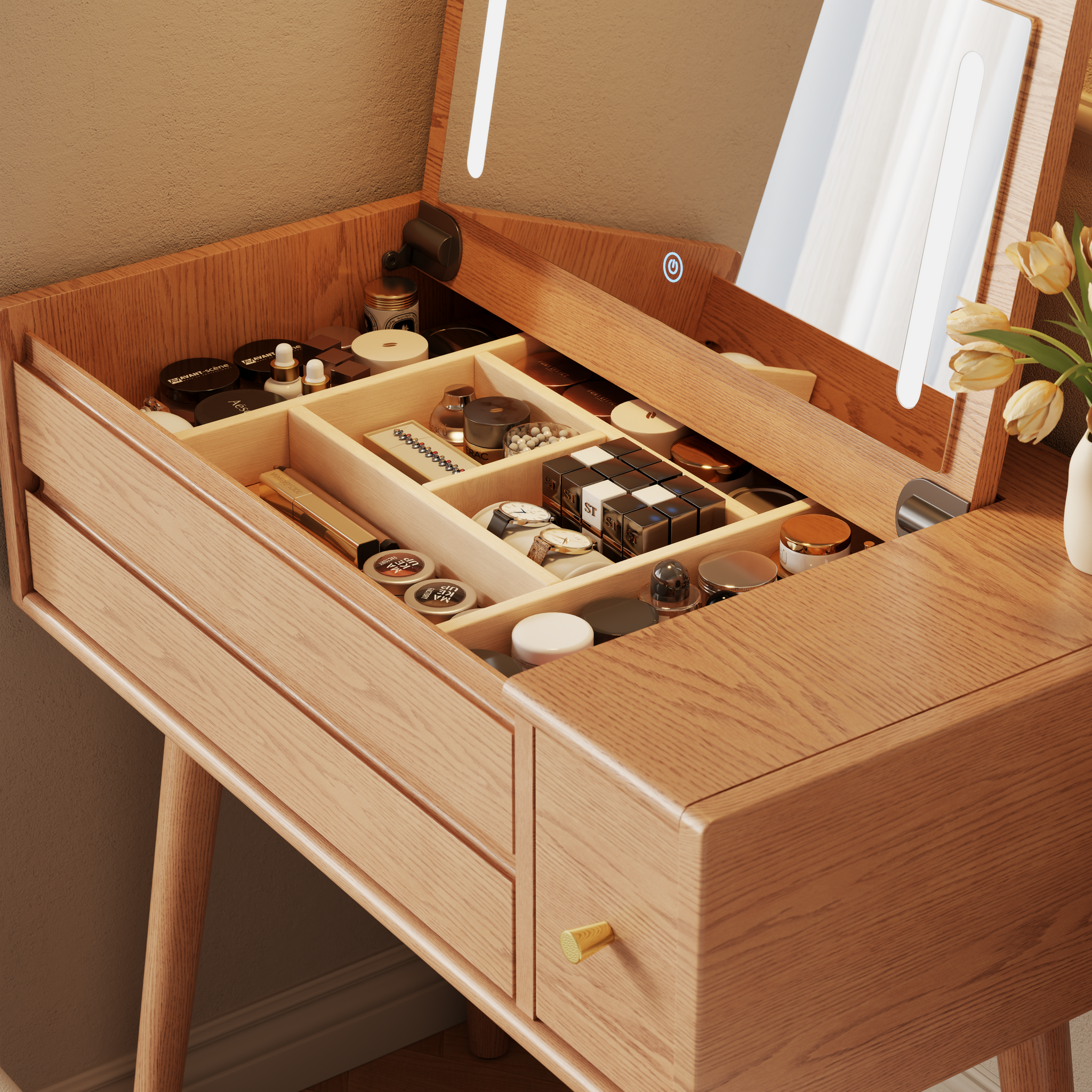 Vanity Desk with Mirror and Lights, Wooden Makeup Vanity Table with 3 or 4 Drawers