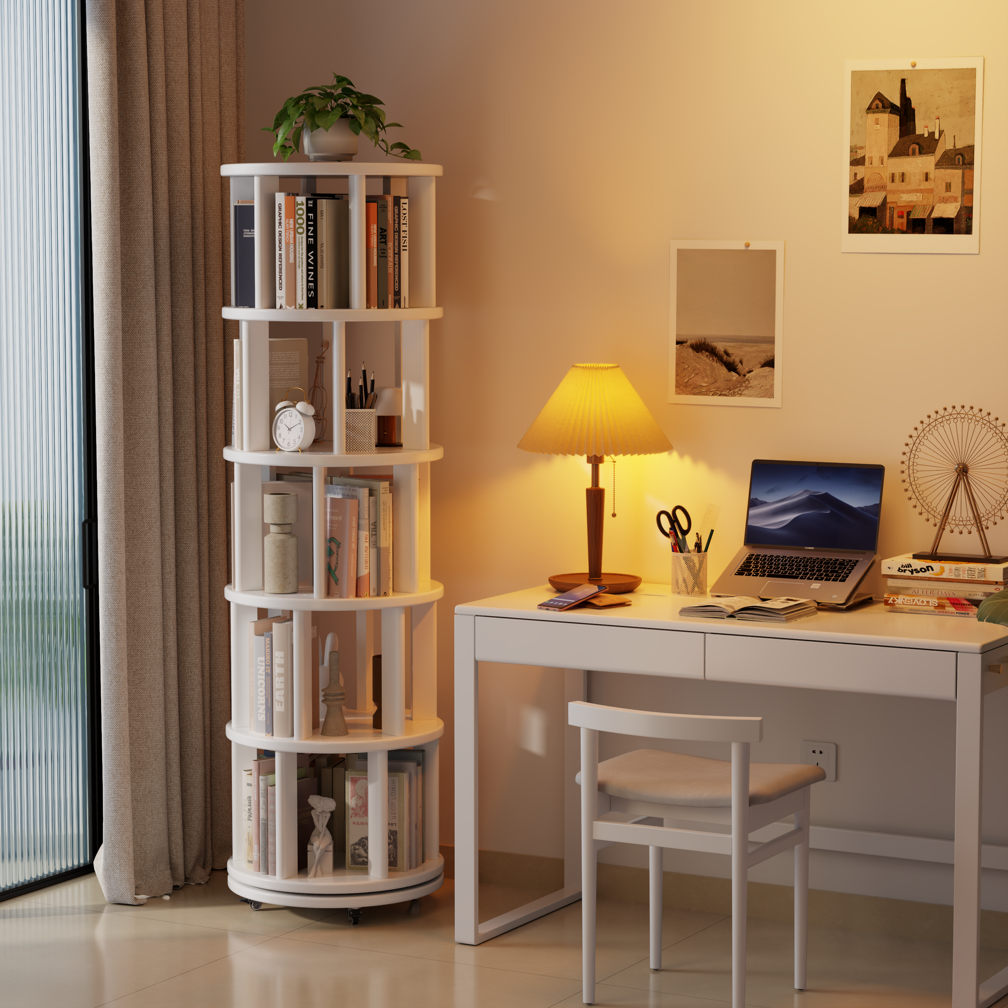 Rotating Solid Wood Bookshelf with Brake Wheels – Adjustable 1-6 Tier Swivel Bookcase