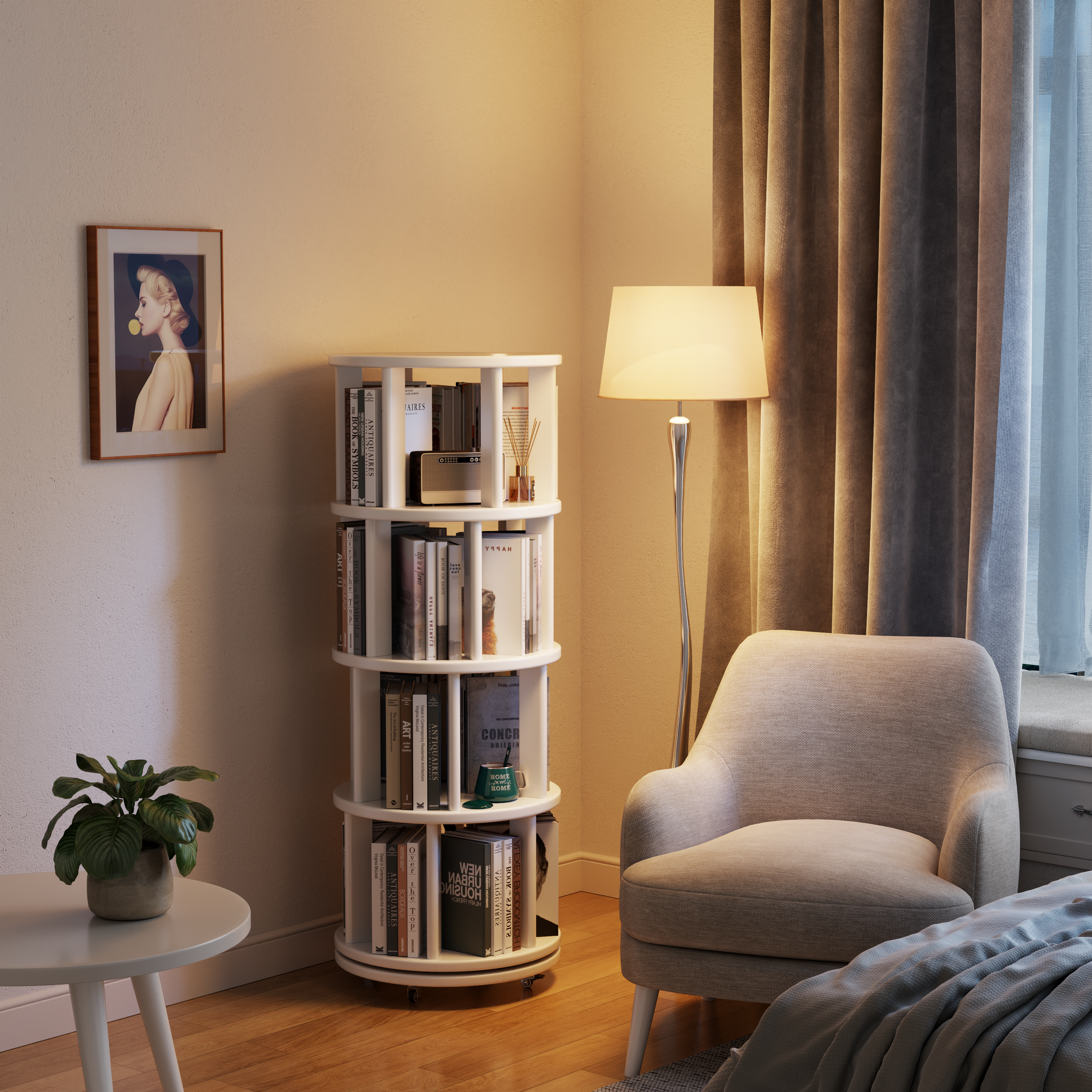 Solid Wood Rotating Bookshelf with Brake Wheels – Adjustable 1-6 Tiers