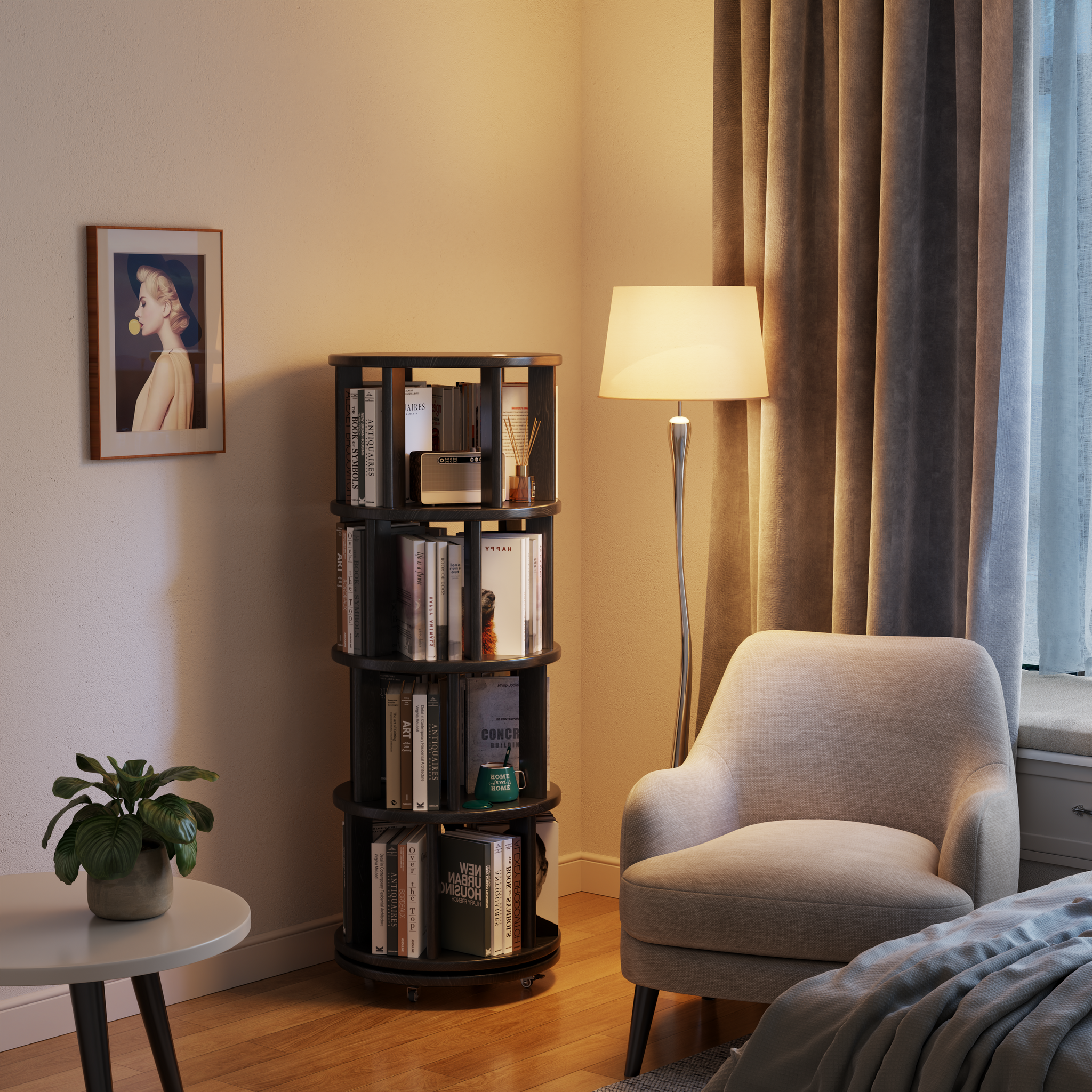 Solid Wood Rotating Bookshelf with Brake Wheels – Adjustable 1-6 Tiers