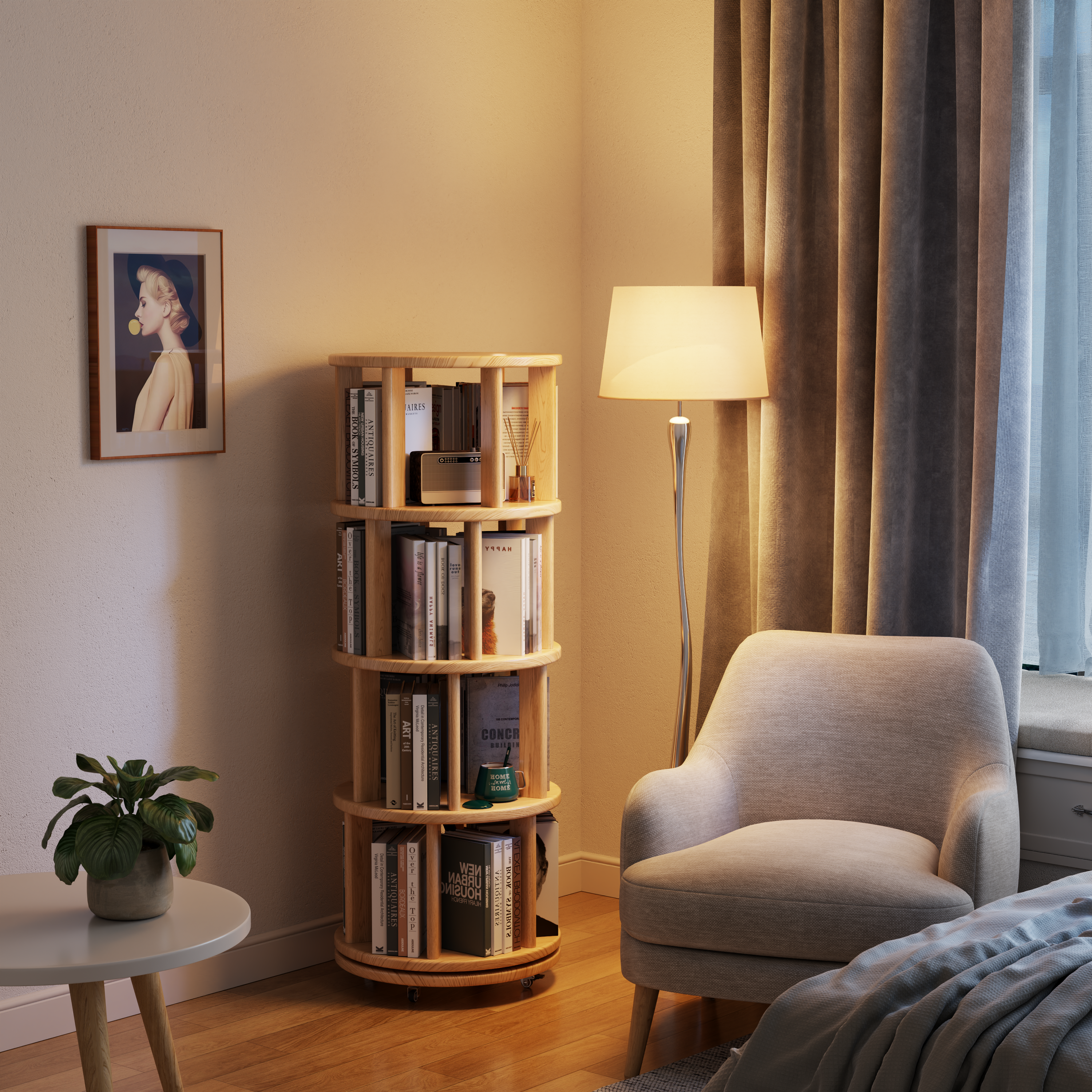 Solid Wood Rotating Bookshelf with Brake Wheels – Adjustable 1-6 Tiers