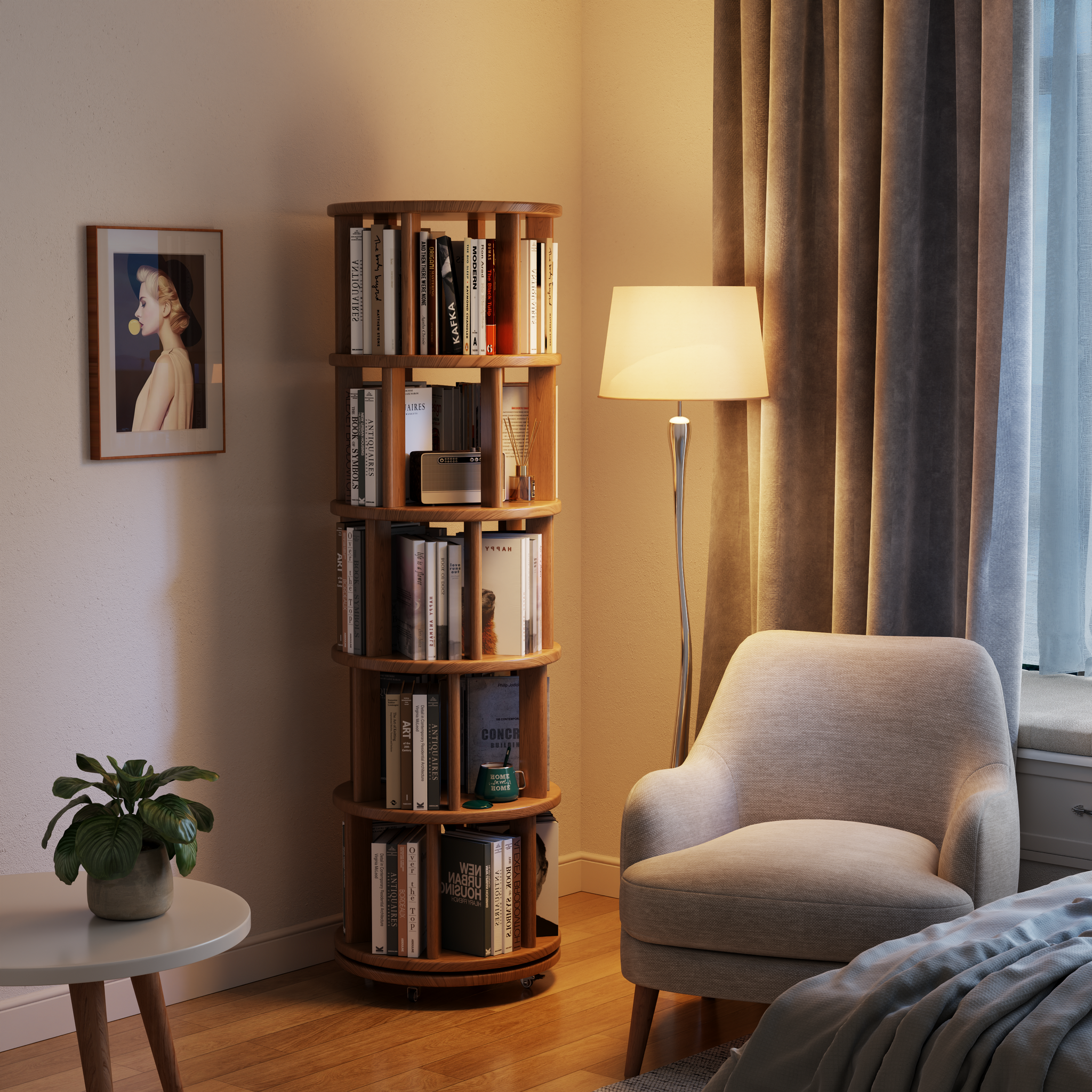 Solid Wood Rotating Bookshelf with Brake Wheels – Adjustable 1-6 Tiers