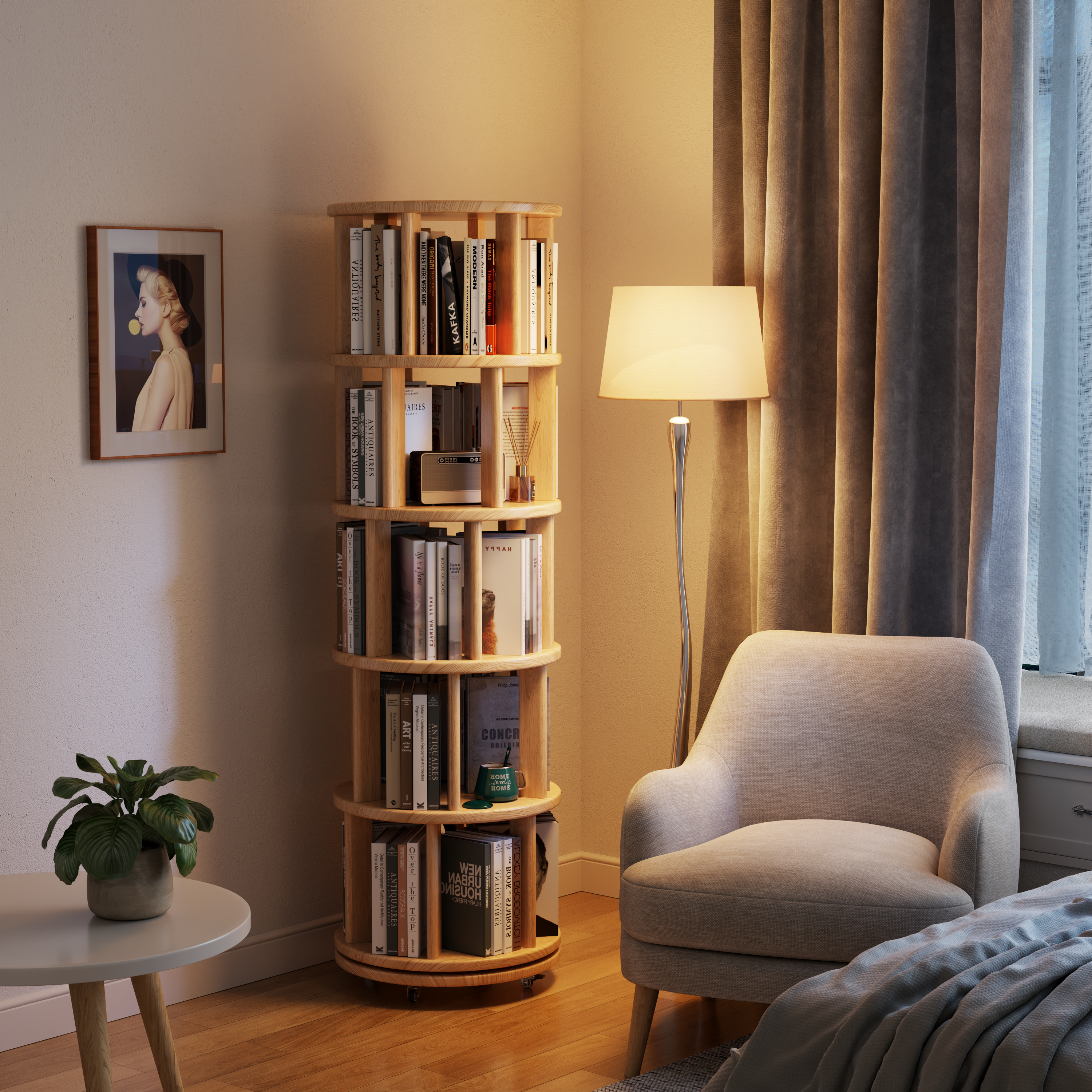 Solid Wood Rotating Bookshelf with Brake Wheels – Adjustable 1-6 Tiers