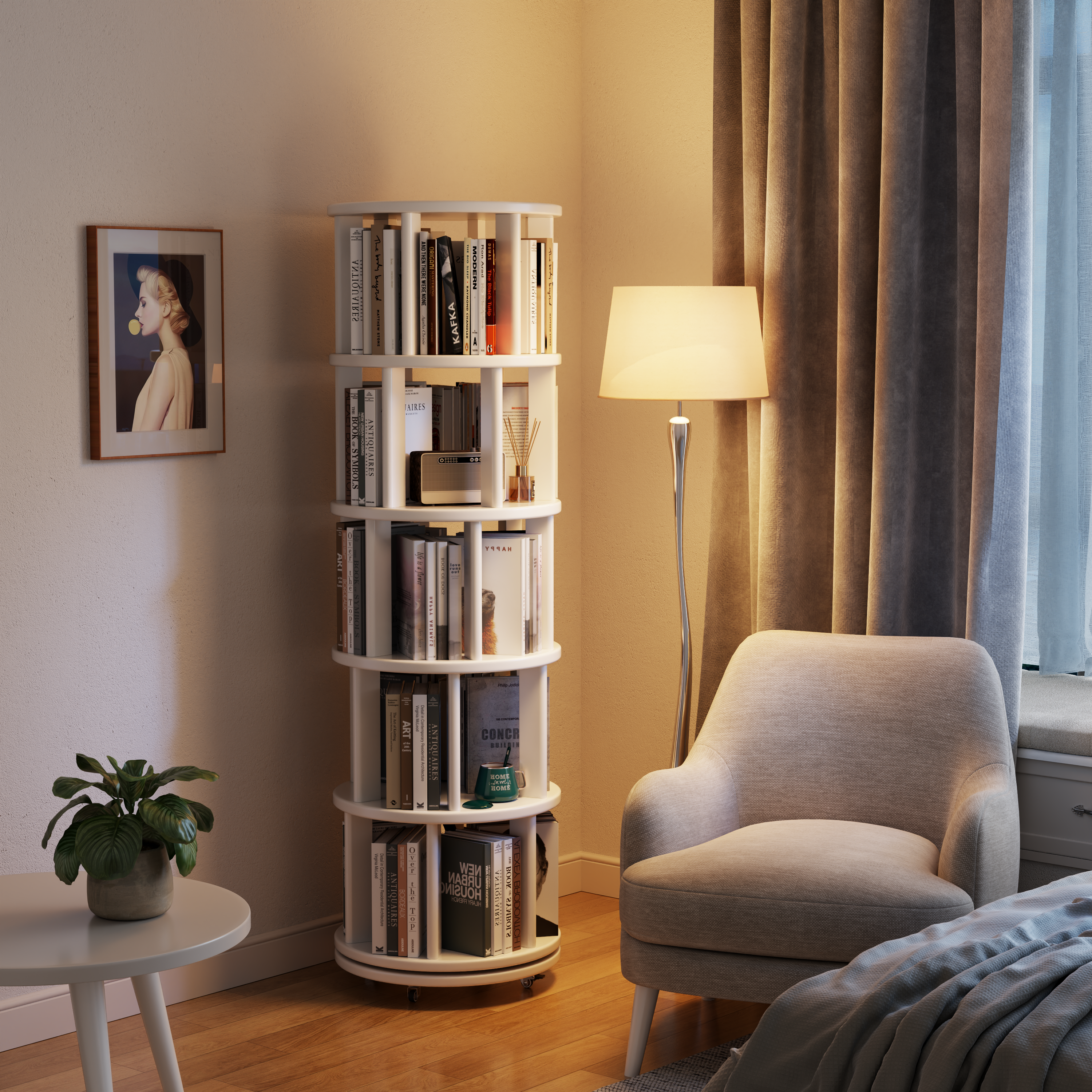 Solid Wood Rotating Bookshelf with Brake Wheels – Adjustable 1-6 Tiers