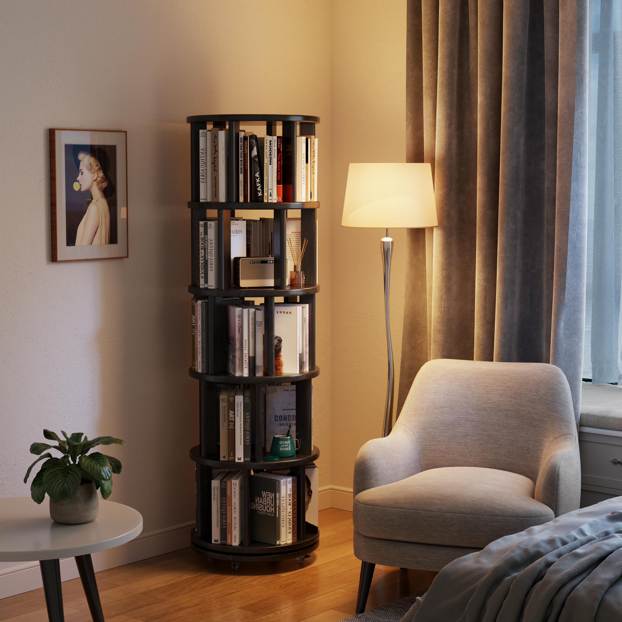 Solid Wood Rotating Bookshelf with Brake Wheels – Adjustable 1-6 Tiers