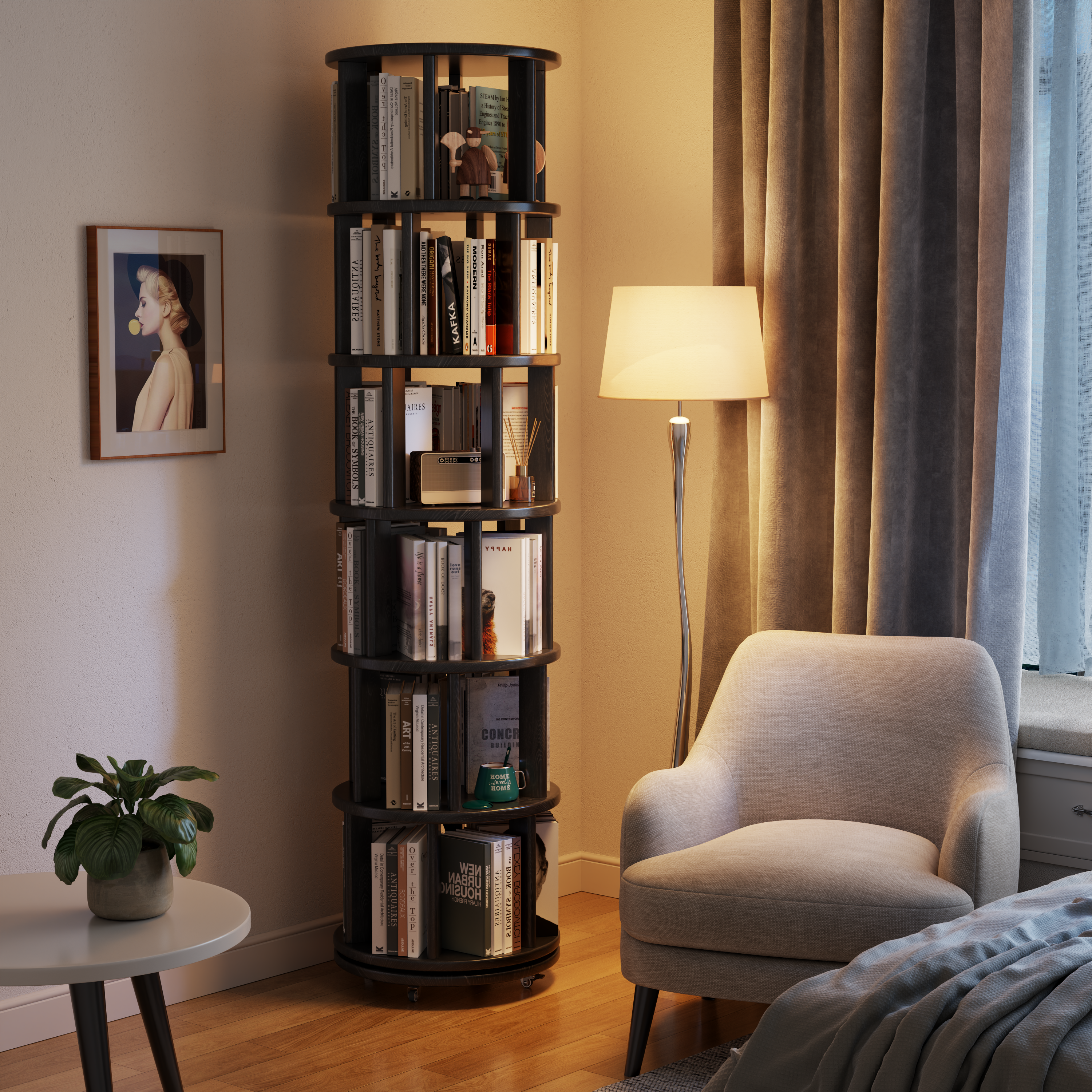 Solid Wood Rotating Bookshelf with Brake Wheels – Adjustable 1-6 Tiers