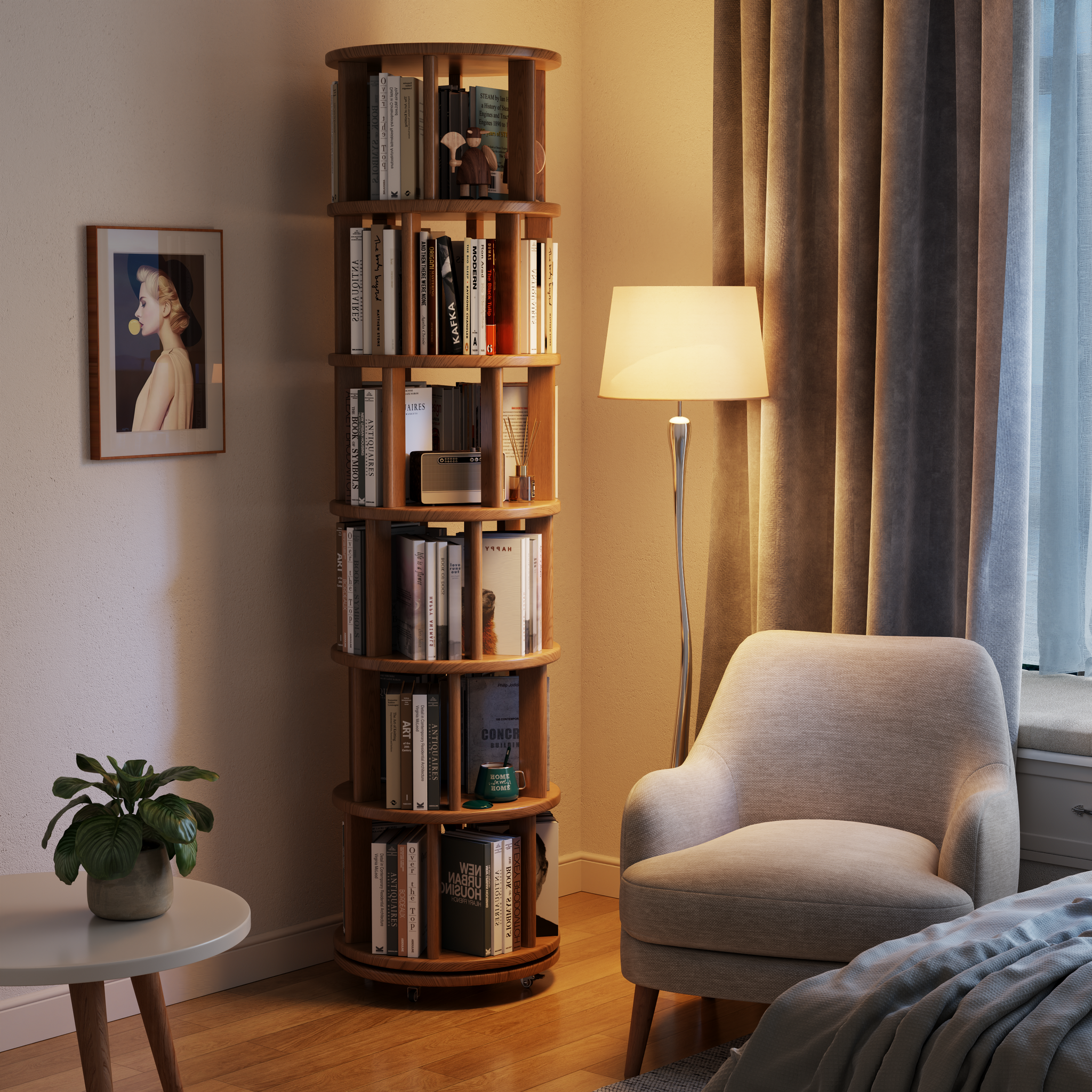 Solid Wood Rotating Bookshelf with Brake Wheels – Adjustable 1-6 Tiers