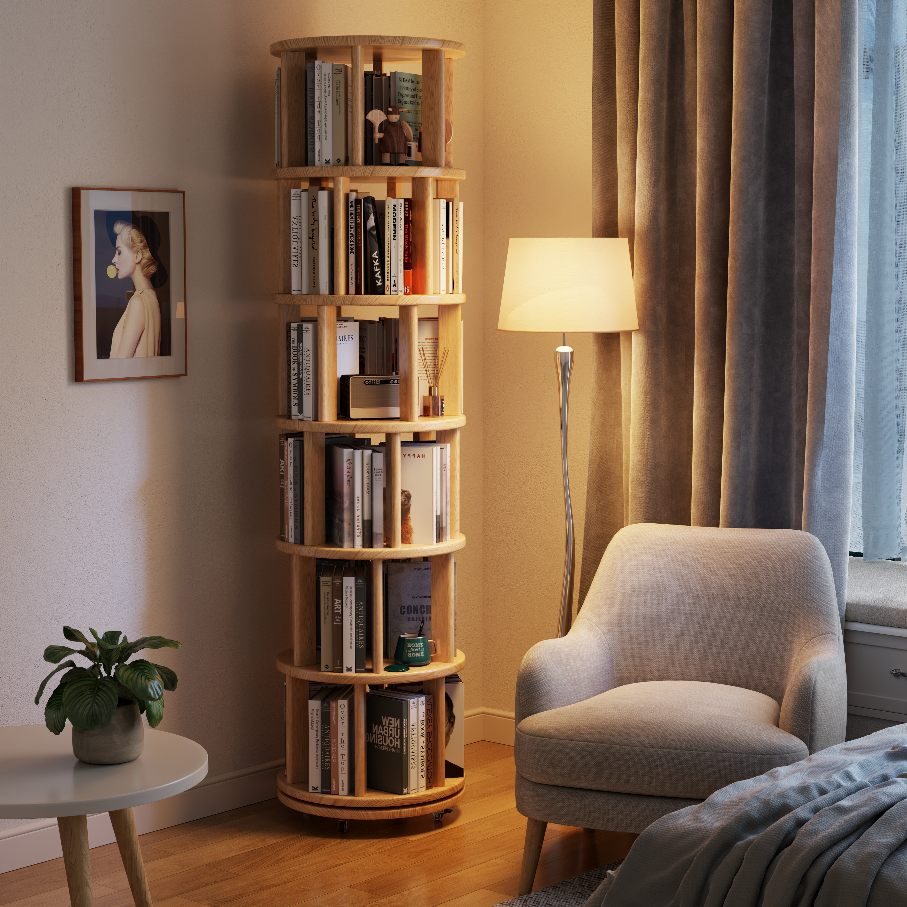 Solid Wood Rotating Bookshelf with Brake Wheels – Adjustable 1-6 Tiers
