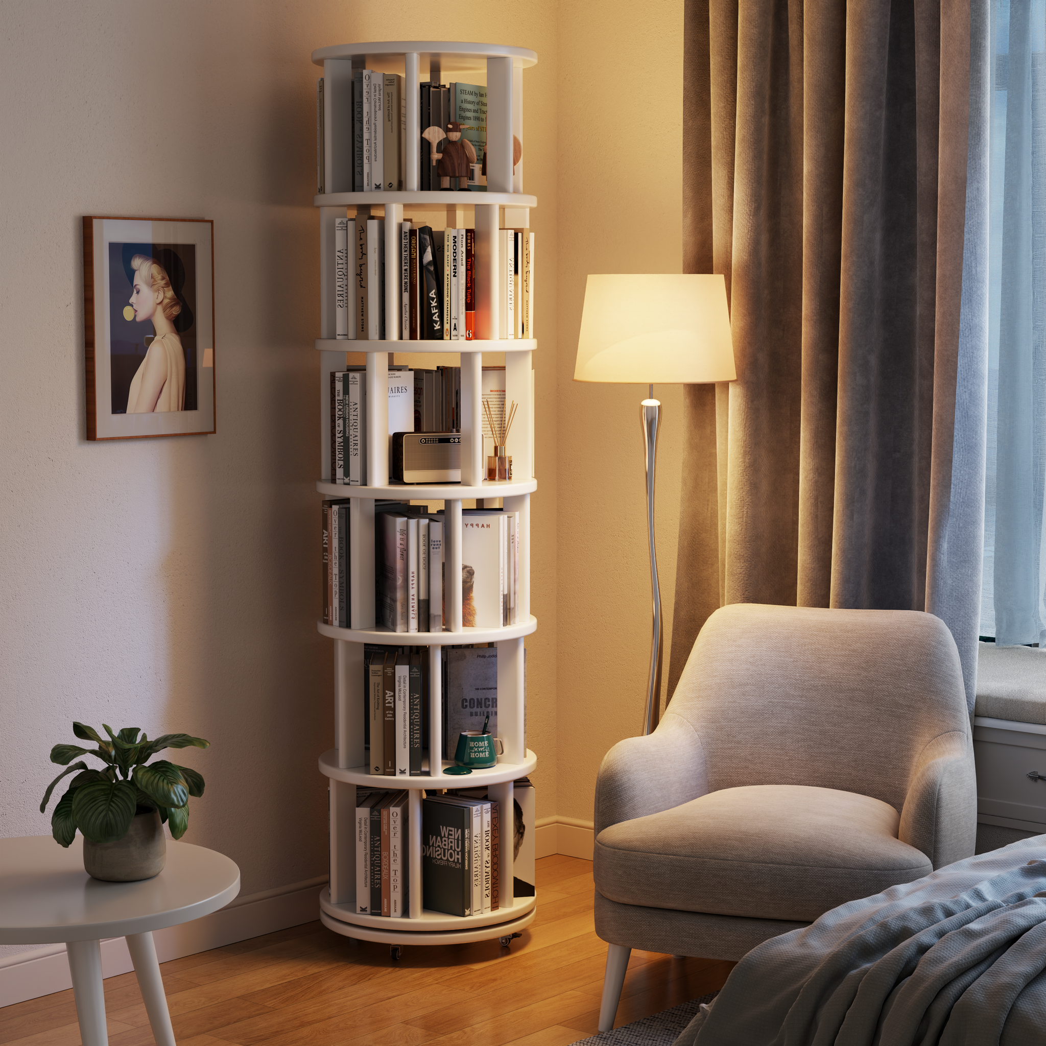 Solid Wood Rotating Bookshelf with Brake Wheels – Adjustable 1-6 Tiers