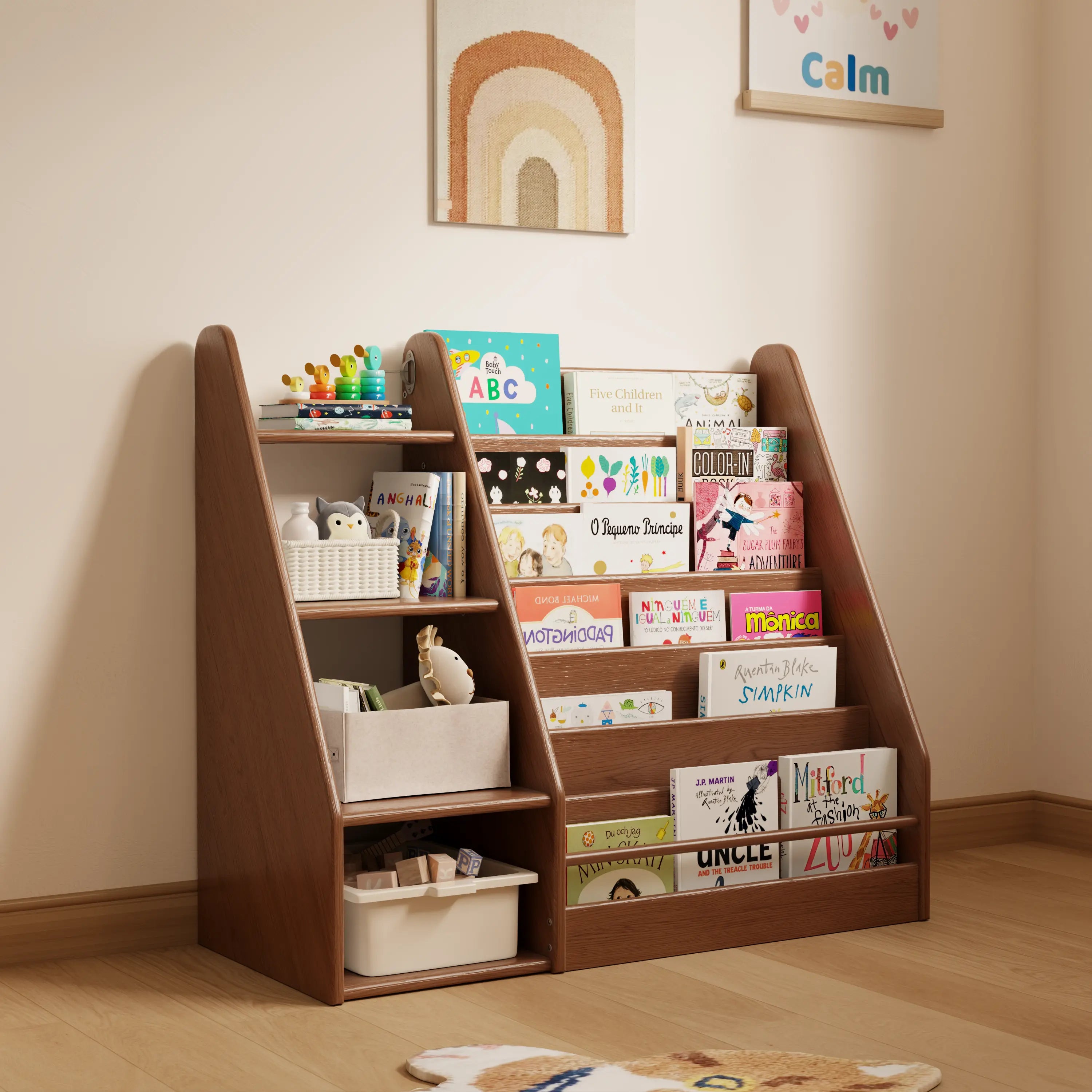 Solid Wood Kids Bookshelf – Face - Out Display & Anti - Tip Anchor - iKaslandi