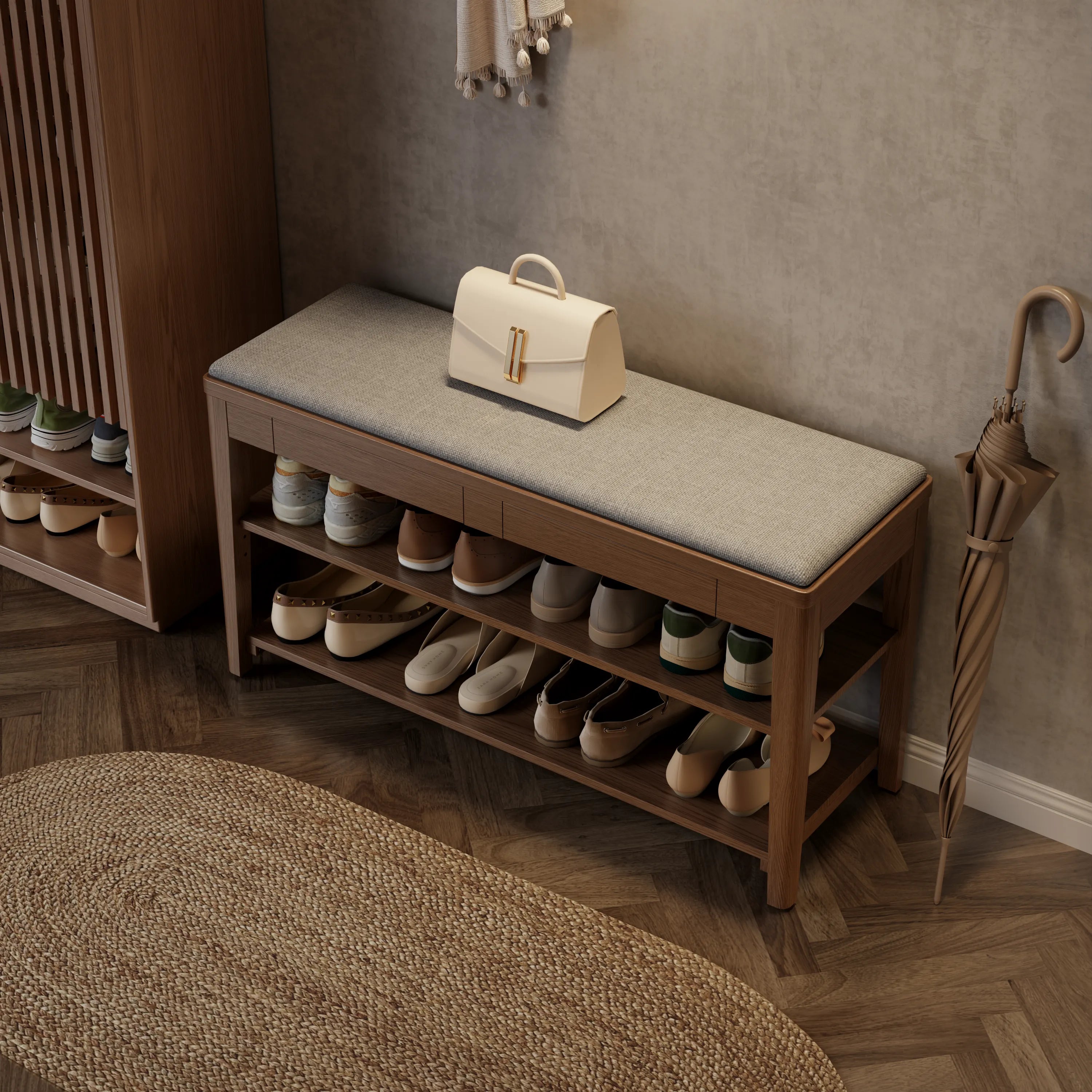 Solid Wood Entryway Shoe Bench with Storage Drawer & 2 - Tier Shelf - Kaslandi Furniture