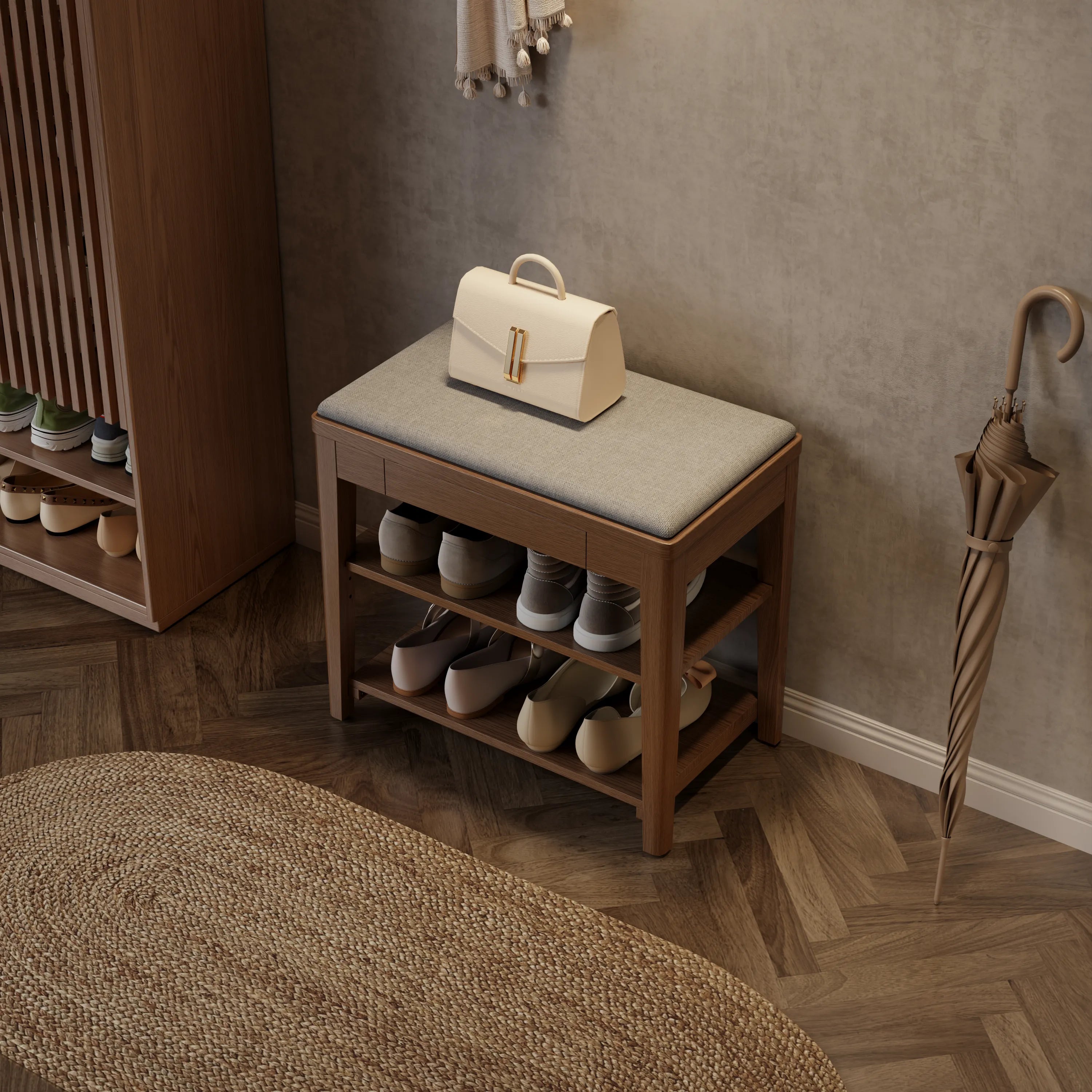 Solid Wood Entryway Shoe Bench with Storage Drawer & 2 - Tier Shelf - Kaslandi Furniture