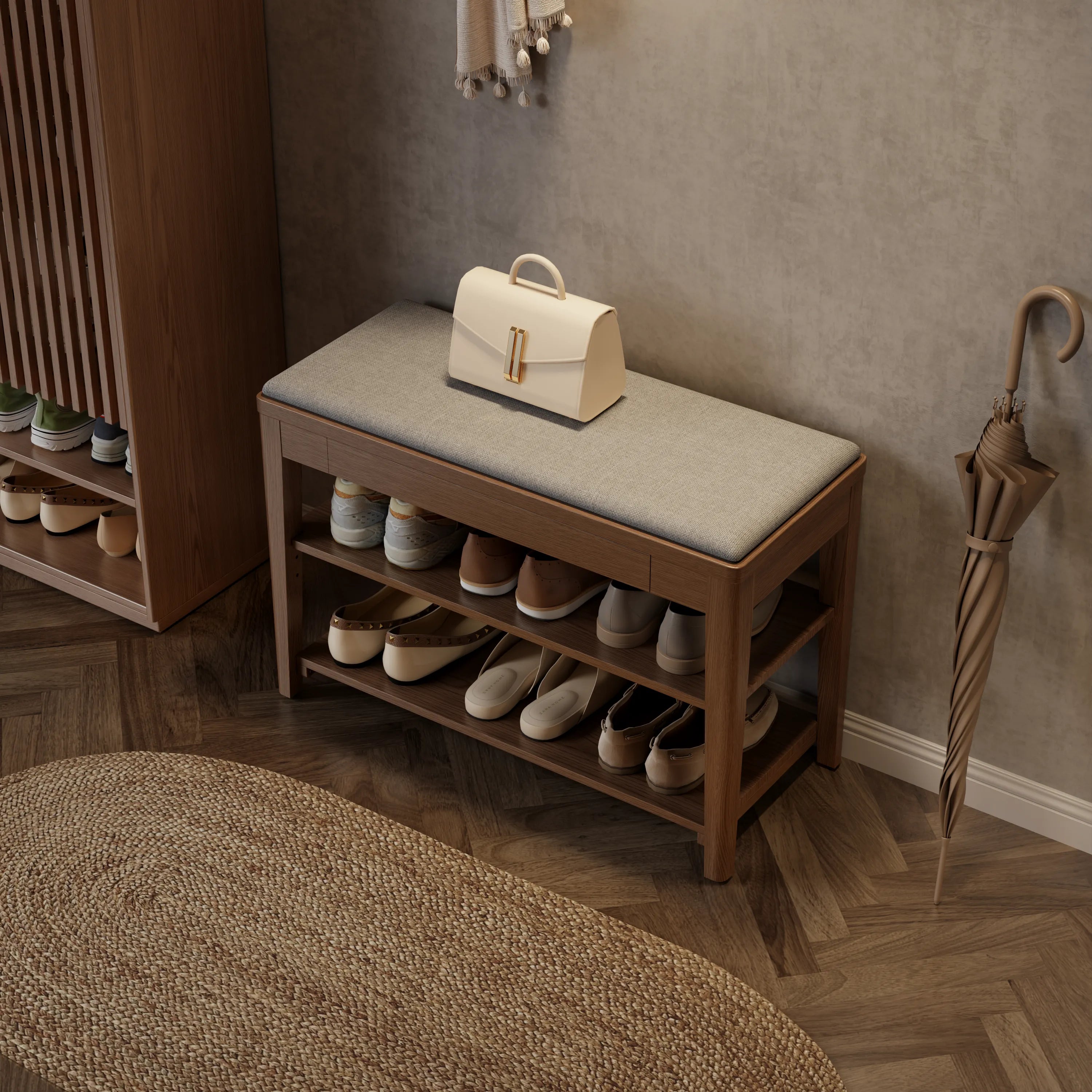 Solid Wood Entryway Shoe Bench with Storage Drawer & 2 - Tier Shelf - Kaslandi Furniture