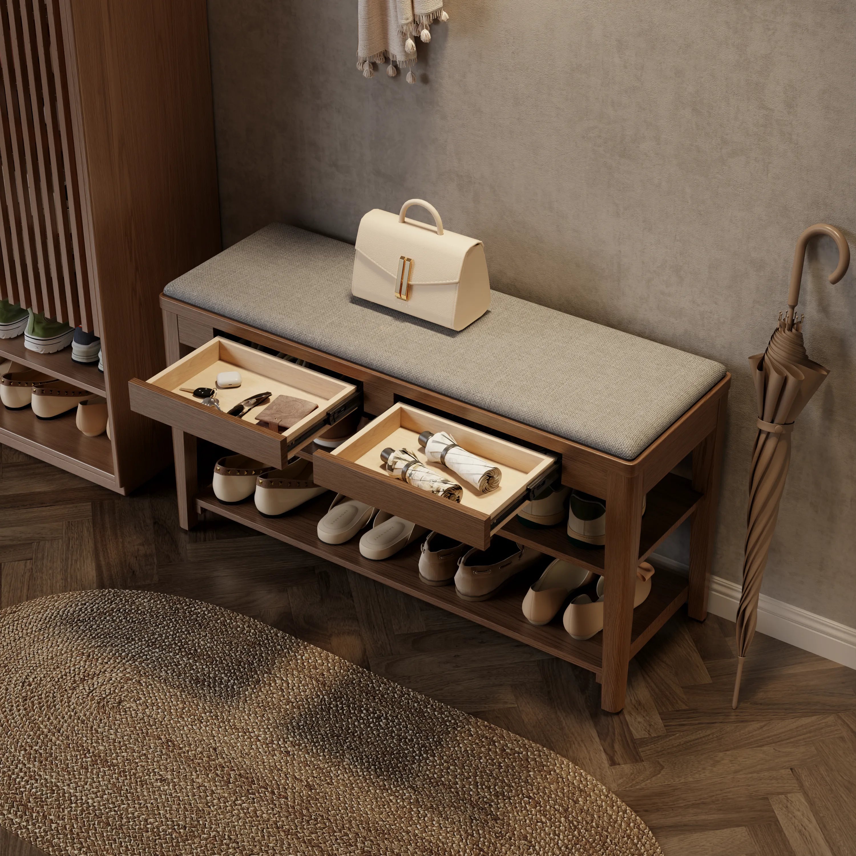 Solid Wood Entryway Shoe Bench with Storage Drawer & 2 - Tier Shelf - Kaslandi Furniture