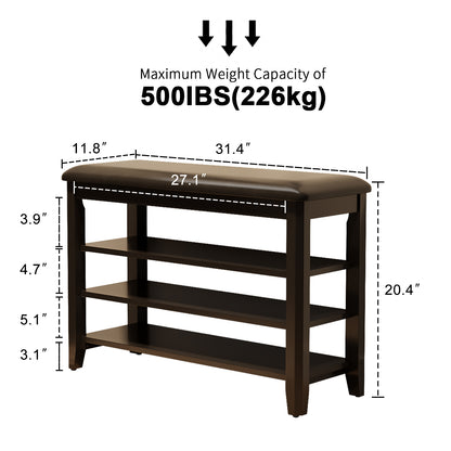 Shoe Bench with Leather Cushion, 3 Tiers Shoe Storage Bench Height Adjustable, Walnut Wood Entryway Bench for Hallway