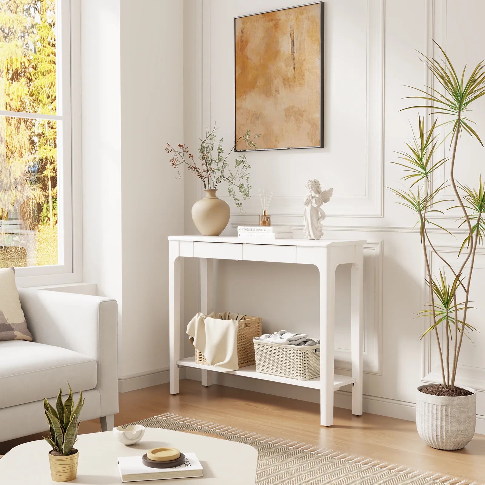 Solid Wood Entryway Console Table with Drawers and Bottom Storage Shelf - Kaslandi Furniture