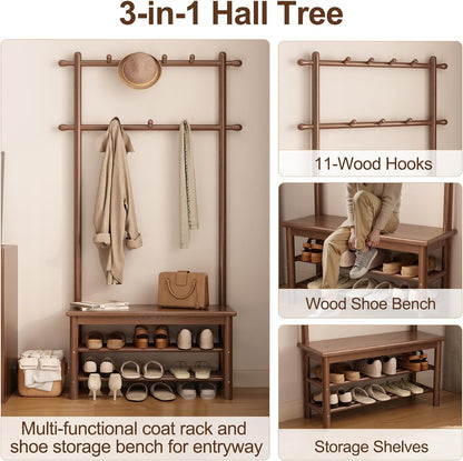 Wooden Hall Tree with Bench and Shoe Storage, 3-in-1 Entryway Coat Rack with 11 Hooks - iKaslandi
