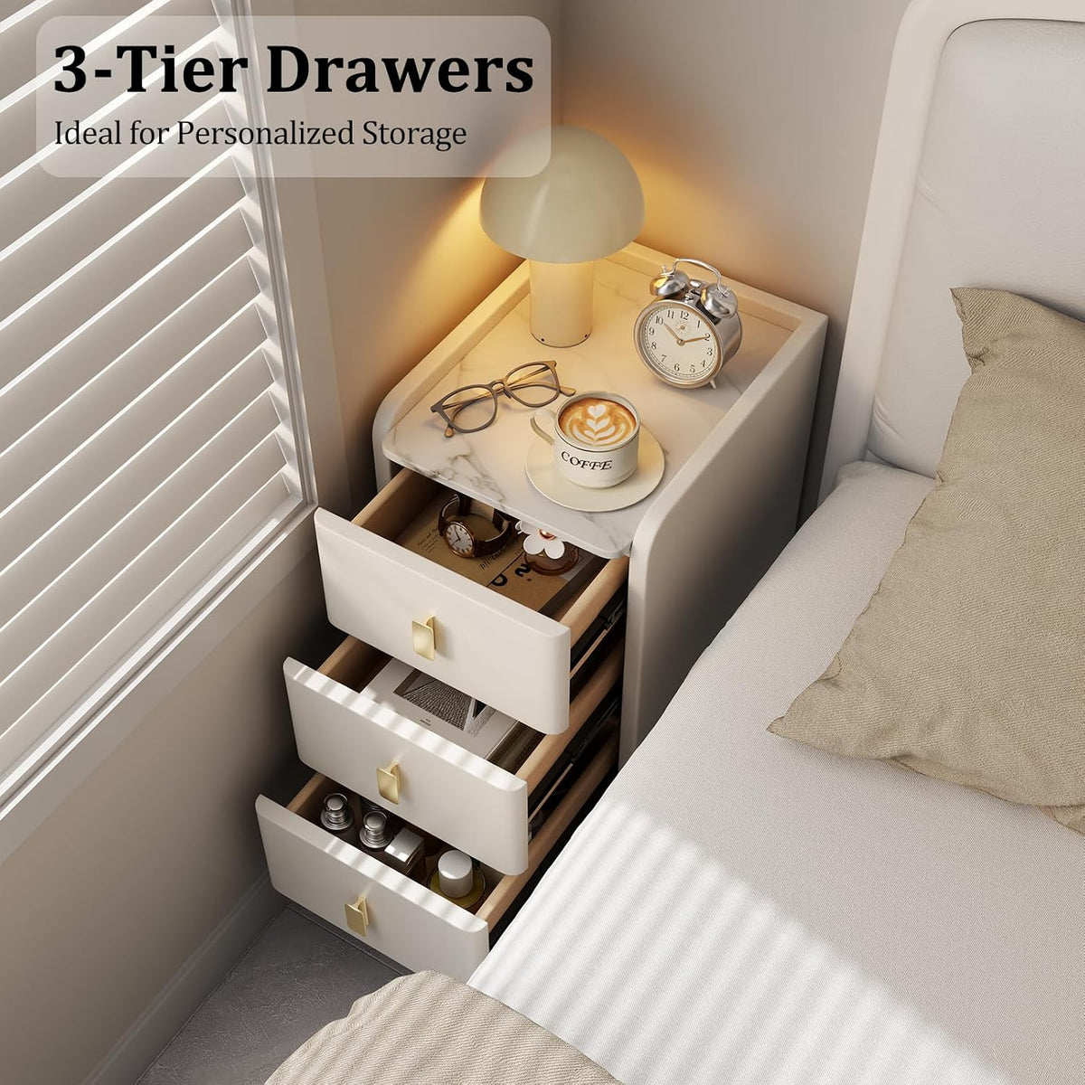 Narrow Bedside Table with 3 Drawers, Wood Frame and Leather Surface - iKaslandi