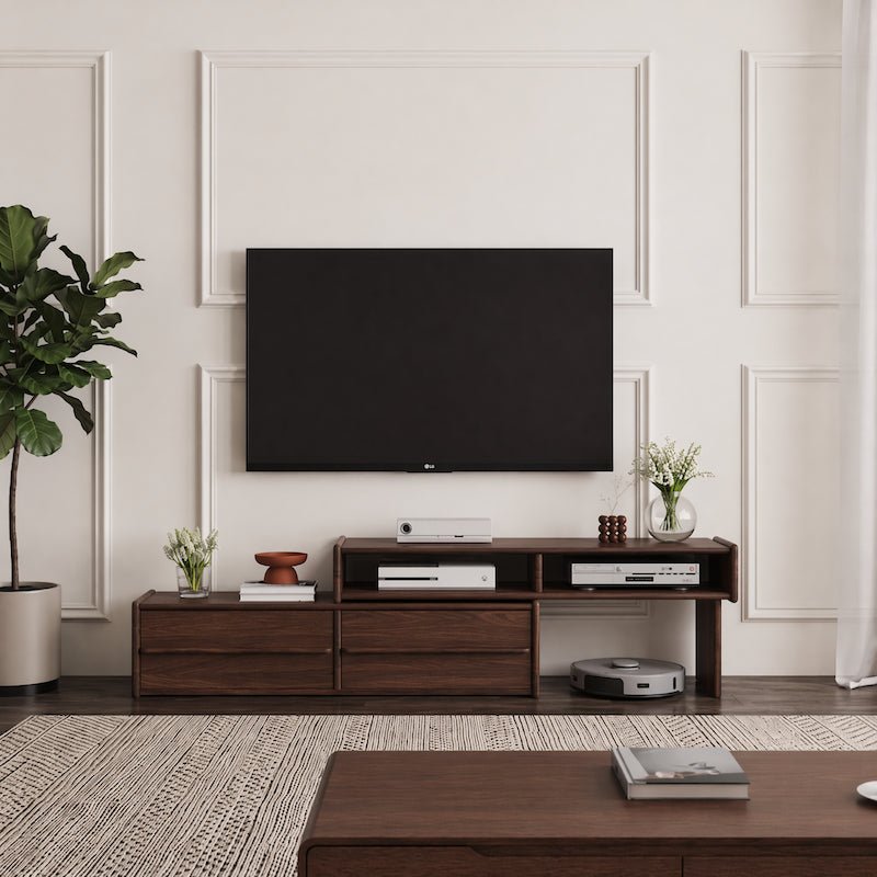Extendable Solid Wood TV Stand with Drawers & Open Shelves — Fits 42"-90" TVs - iKaslandi