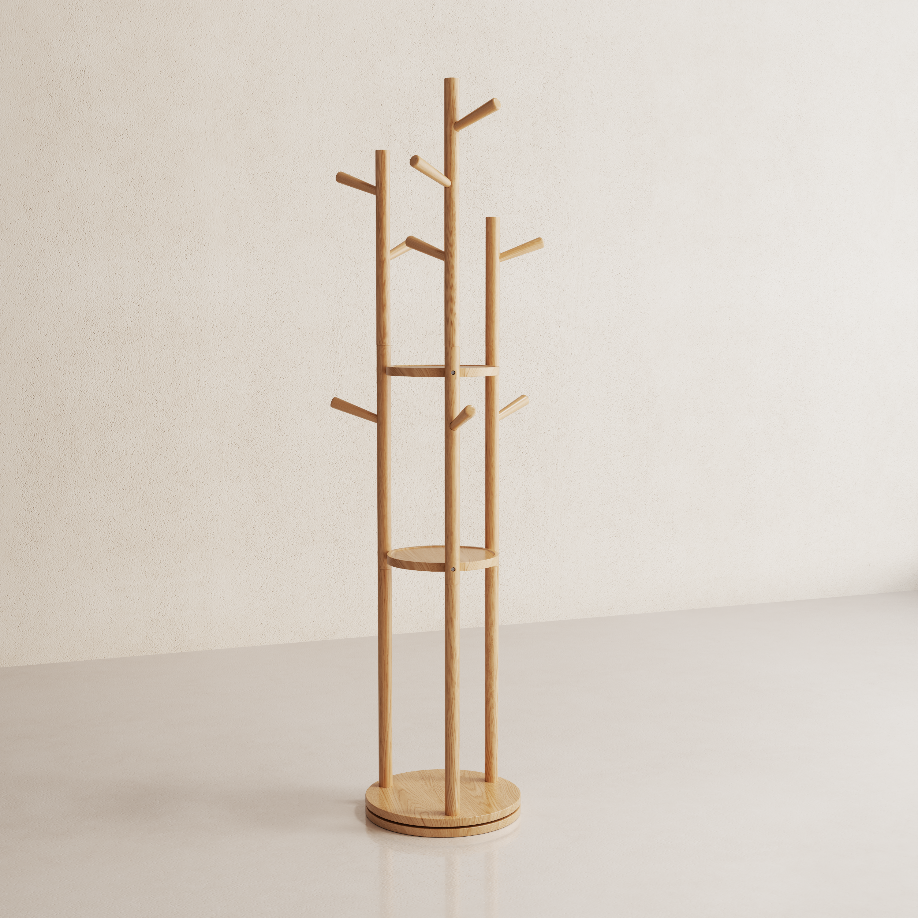 360° Rotating Solid Wood Coat Rack with Shelves