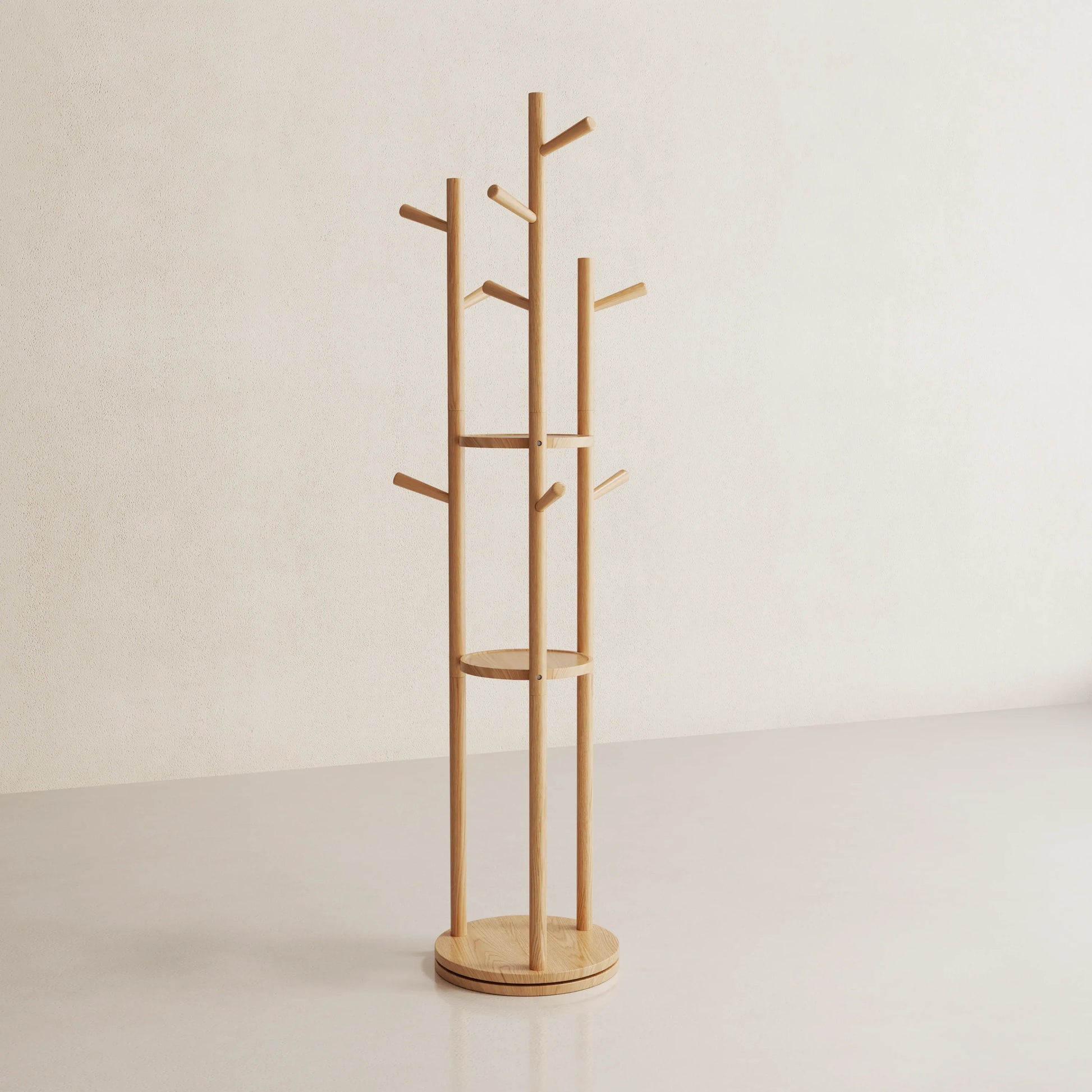 360° Rotating Solid Wood Coat Rack with Shelves - Kaslandi Furniture