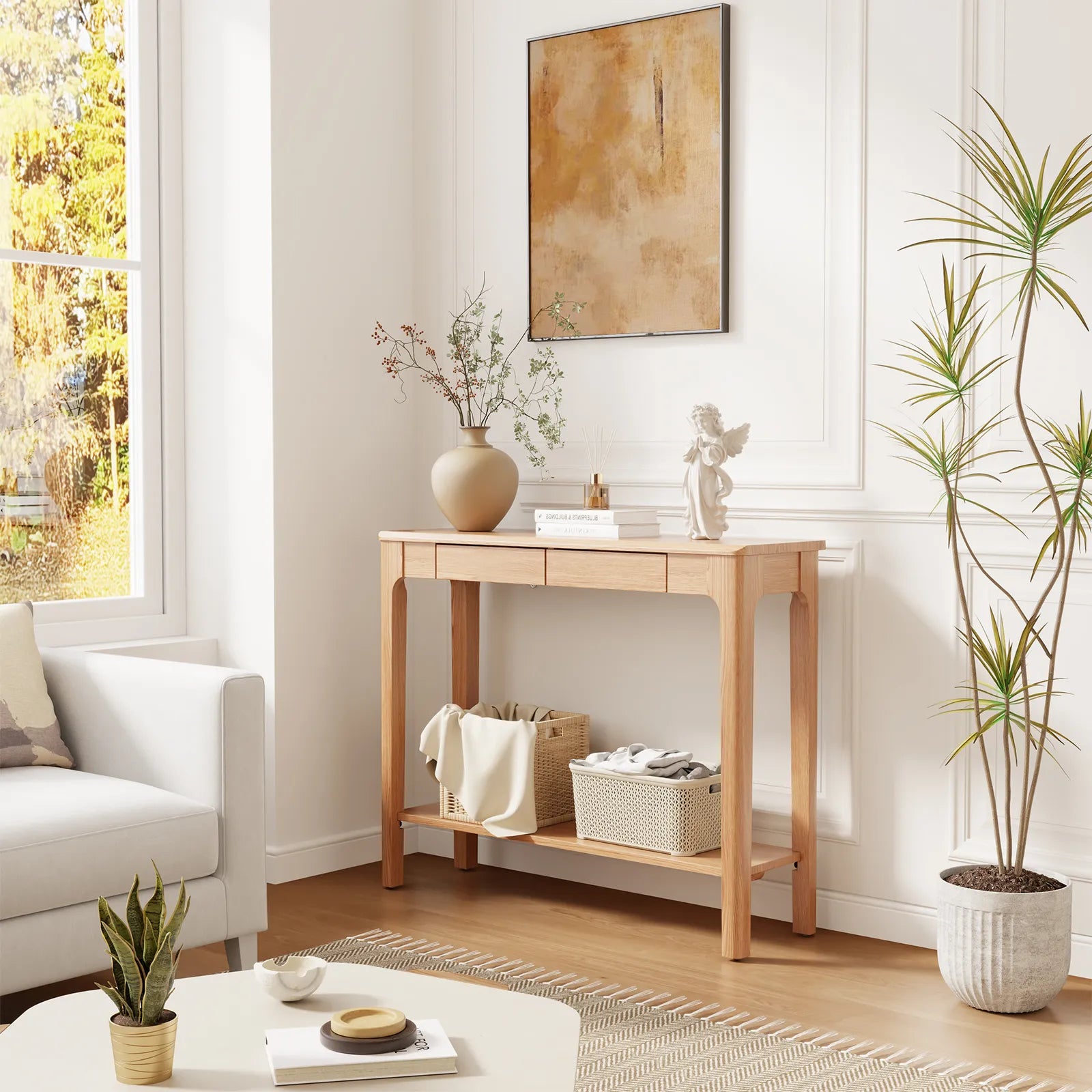 Solid Wood Entryway Console Table with Drawers and Bottom Storage Shelf - Kaslandi Furniture