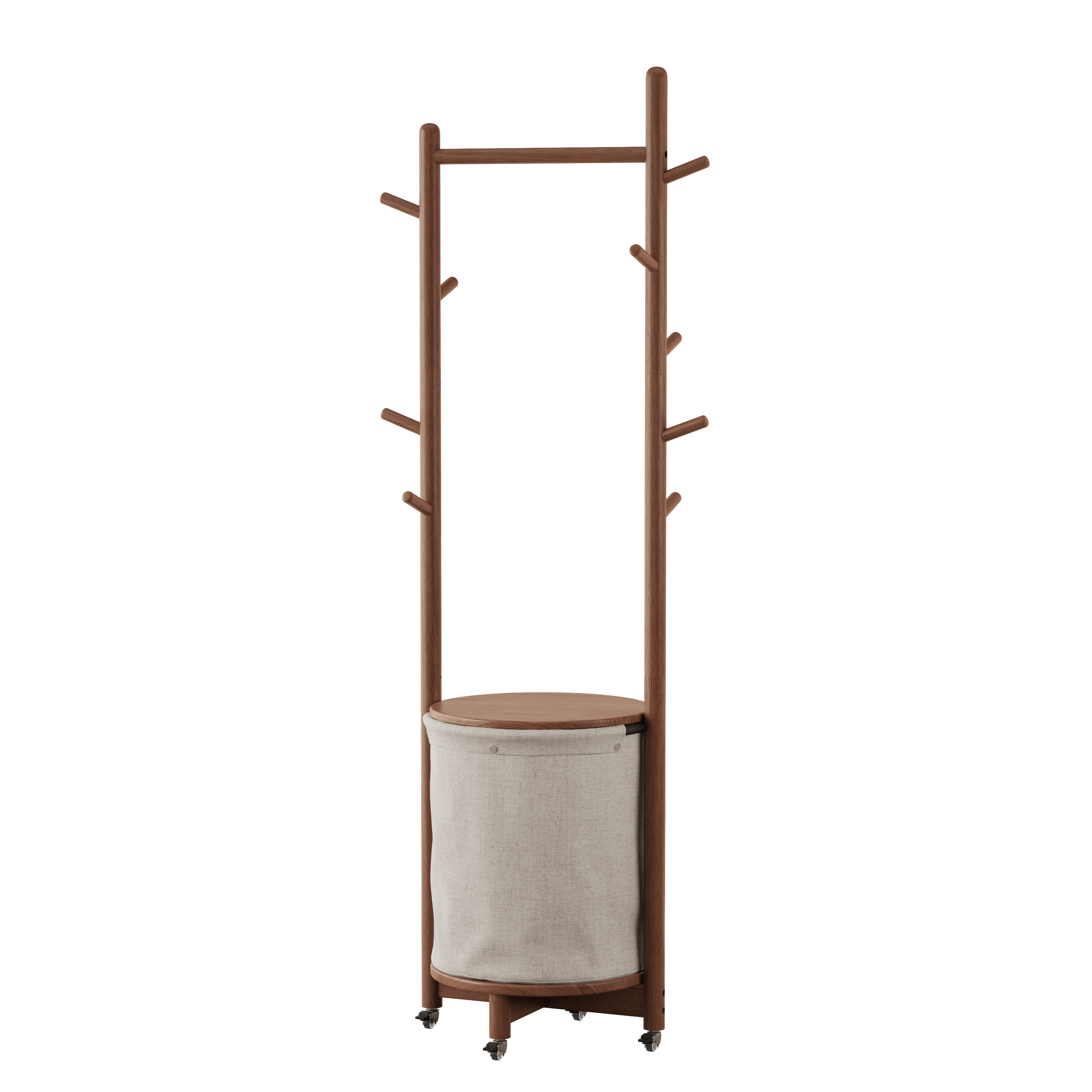 Solid Wood Coat Rack Stand with Laundry Hamper & Storage Shelf - Kaslandi Furniture