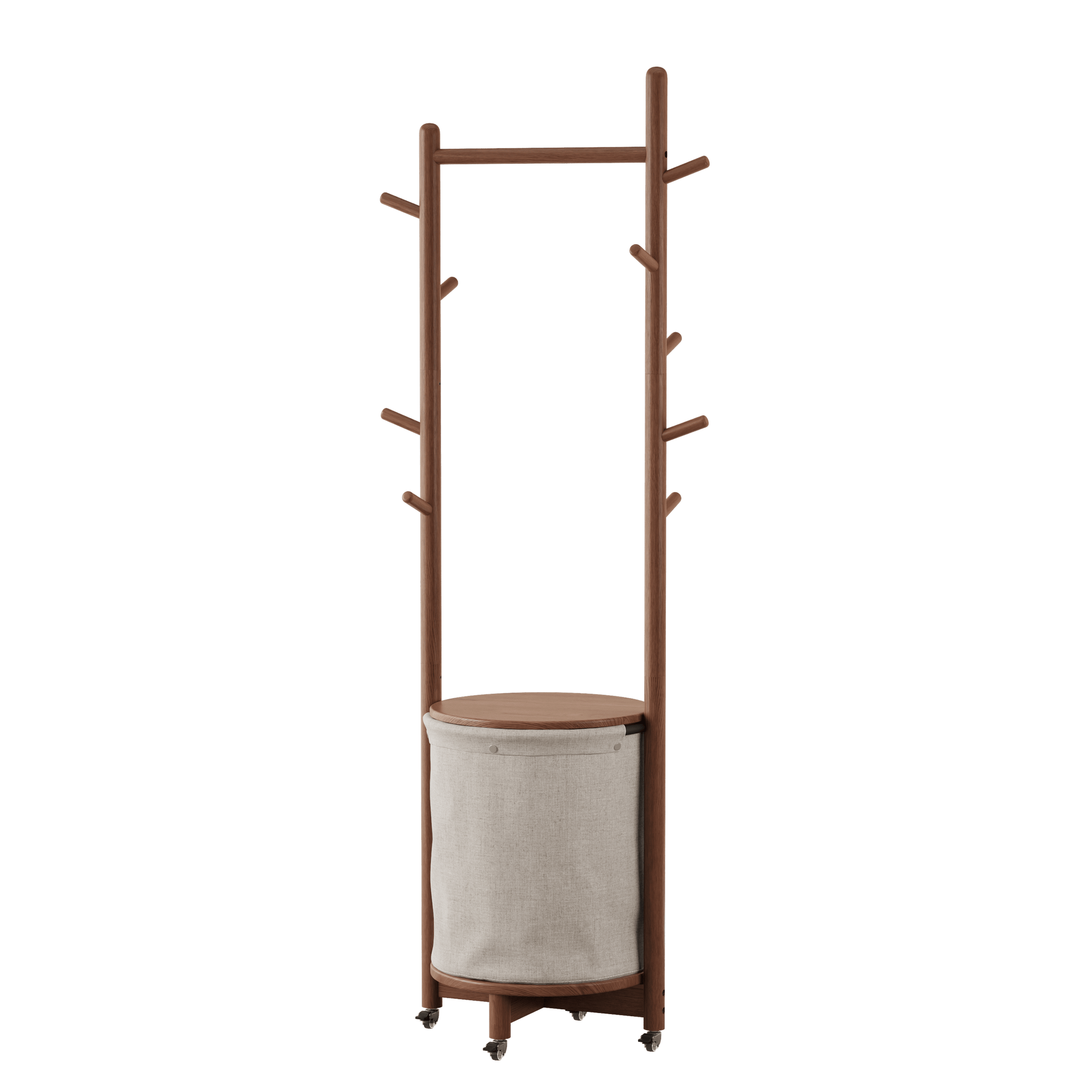 Solid Wood Coat Rack Stand with Laundry Hamper & Storage Shelf - Kaslandi Furniture