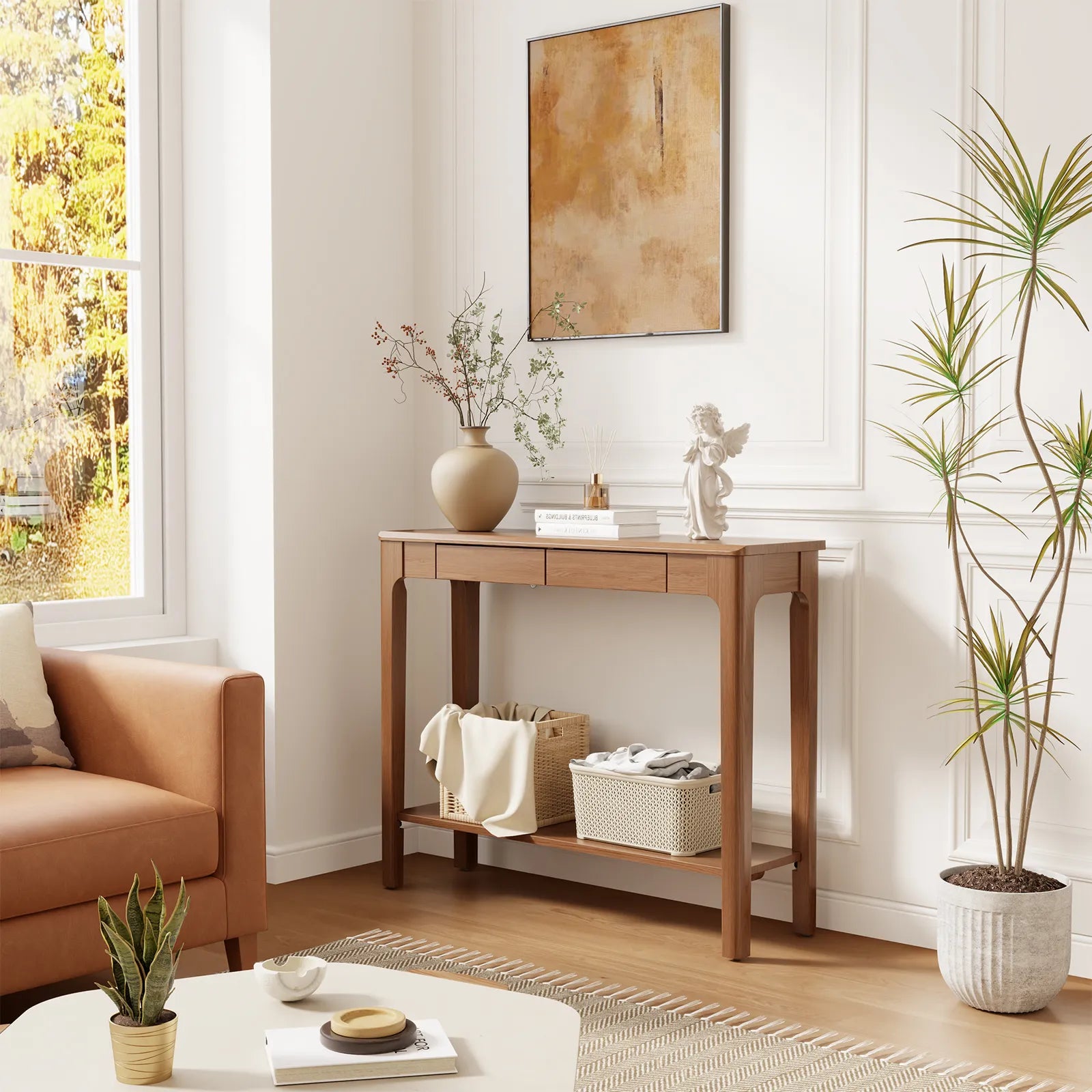 Solid Wood Entryway Console Table with Drawers and Bottom Storage Shelf - Kaslandi Furniture