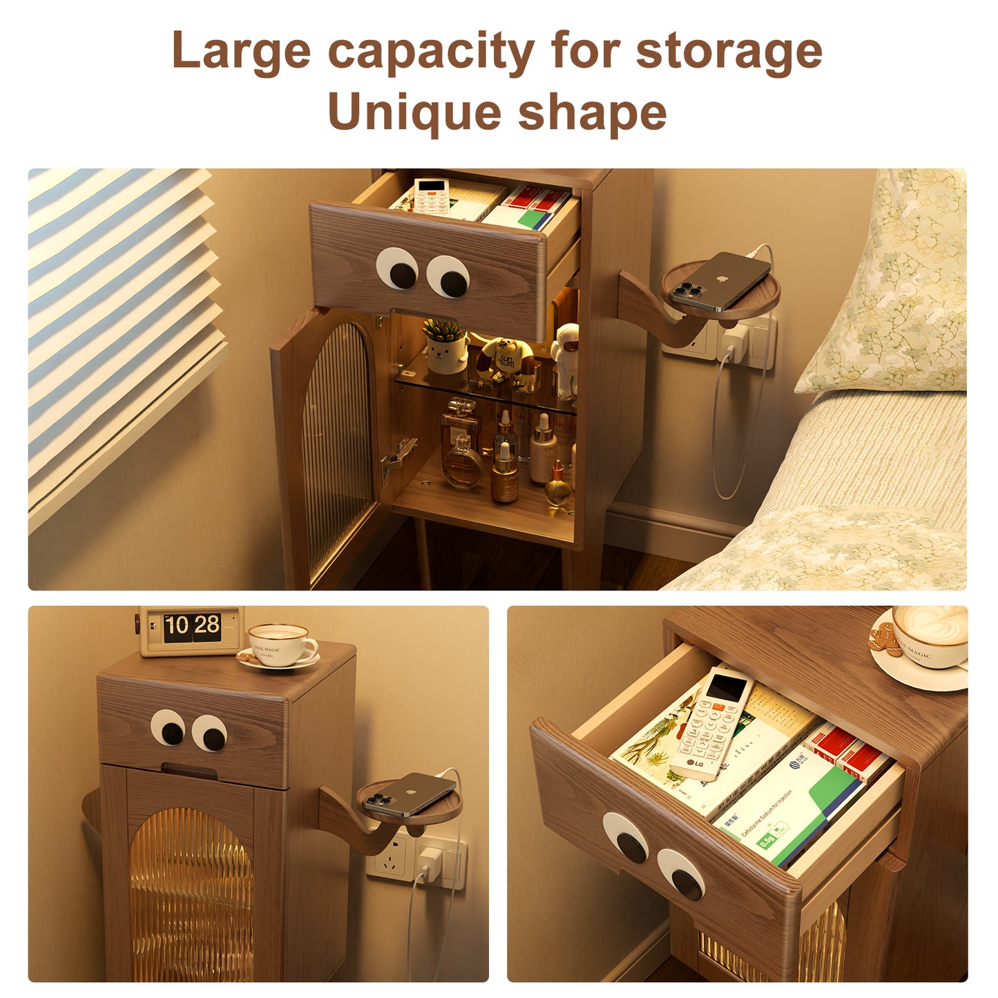 Robot Nightstand,Tall Nightstand with Drawers,Solid Wood Nightstand,Mid Century Modern Nightstand,Walnut Nightstand with Storage,Adjustable Dividers,Sensor Light,Bedside Table for Living Room, Bedroom