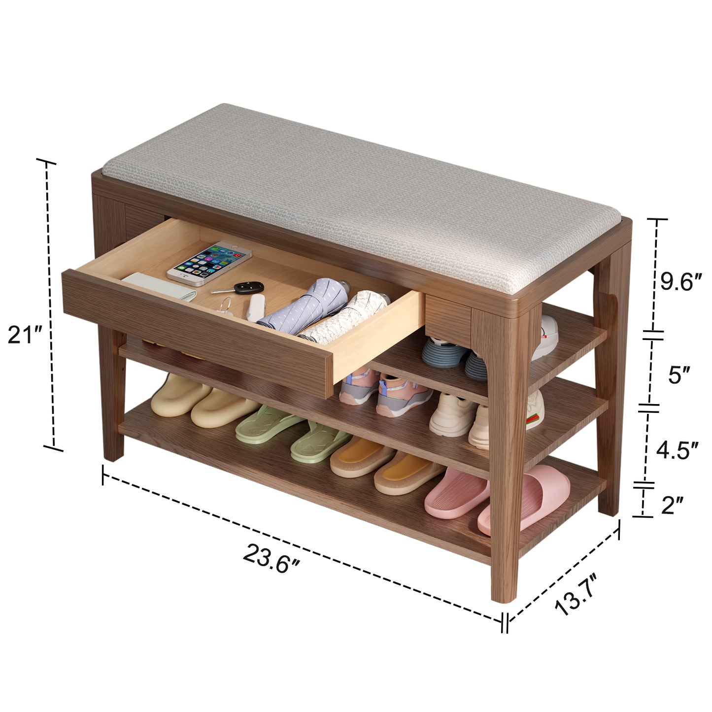 Small Shoe Bench with Storage, Wooden Shoe Storage Bench with Cushion&Hidden Drawer, 3-Tier Shoe Rack Bench for Entryway, Mudroom, Hallway