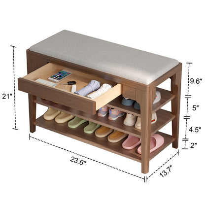 Small Shoe Bench with Storage, Wooden Shoe Storage Bench with Cushion&Hidden Drawer, 3-Tier Shoe Rack Bench for Entryway, Mudroom, Hallway
